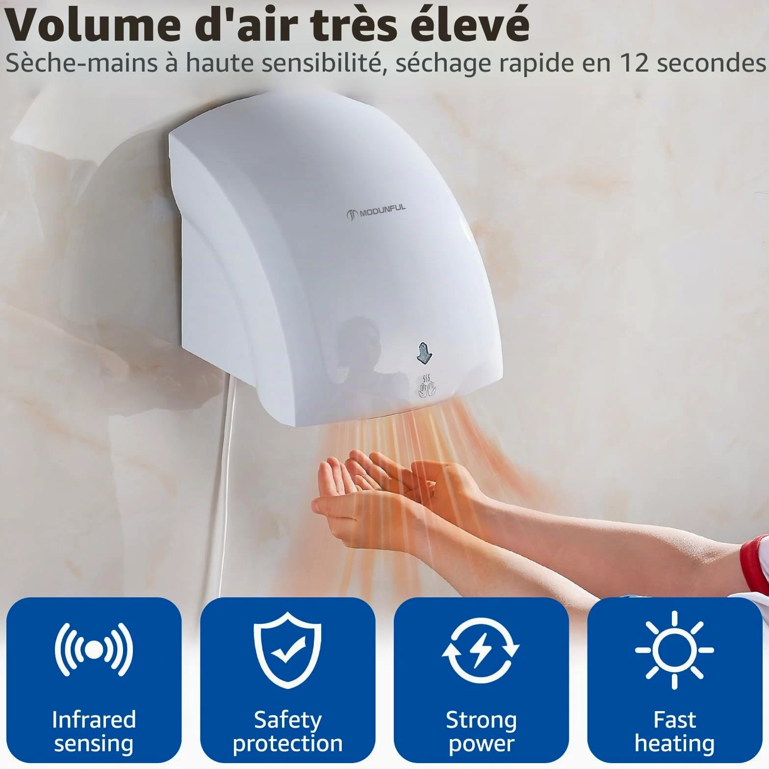 modunful Sèche-mains automatique mural Avec lampe témoin, séchage par vent chaud et froid, compact classique Commercial 220V 2000W Blanc