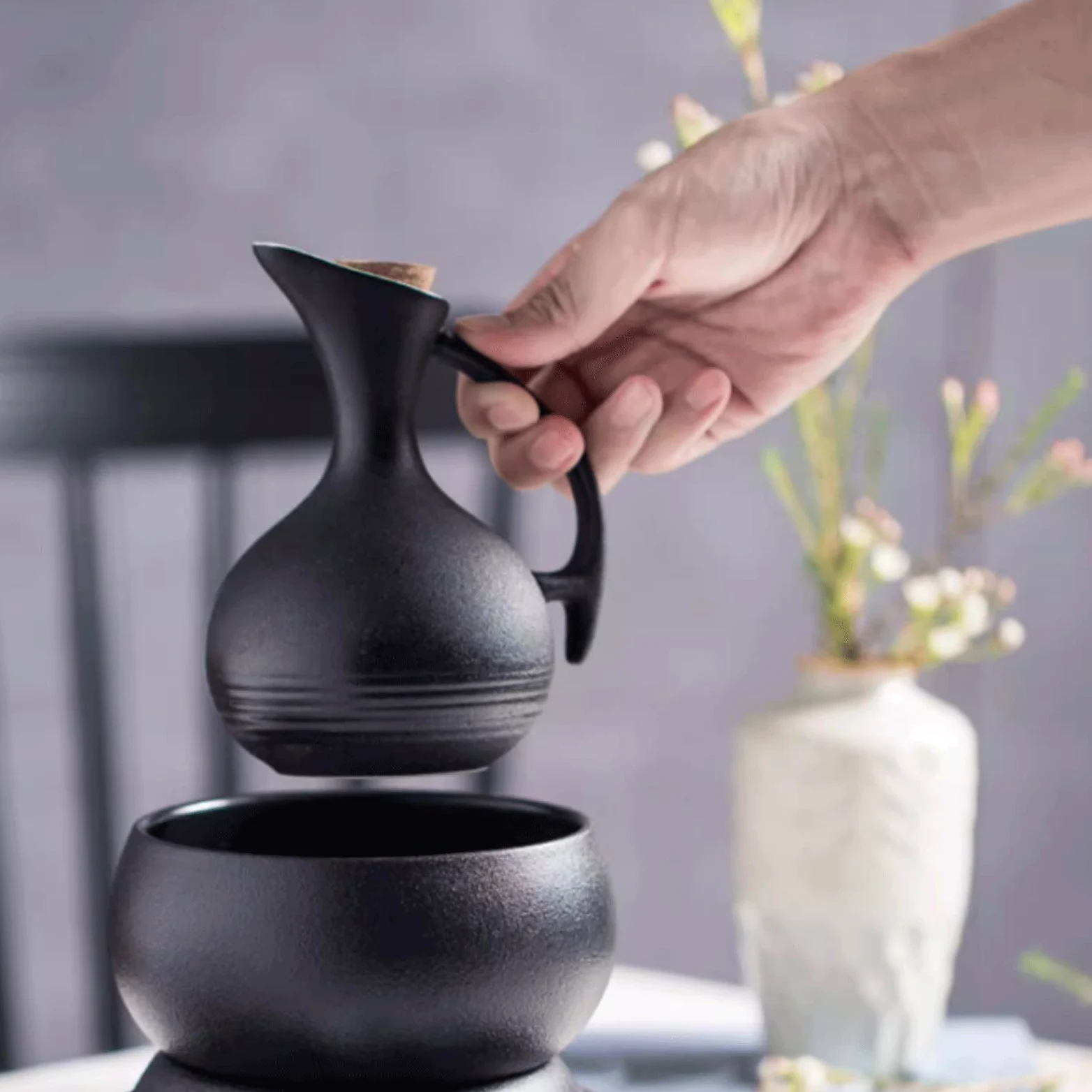 esmen Ensemble de Tasses à saké Japonais, 5 pièces, avec 1 Bouteille de Service à saké et 4 Tasses à saké, Tasses en céramique, Verres à vin artisanaux