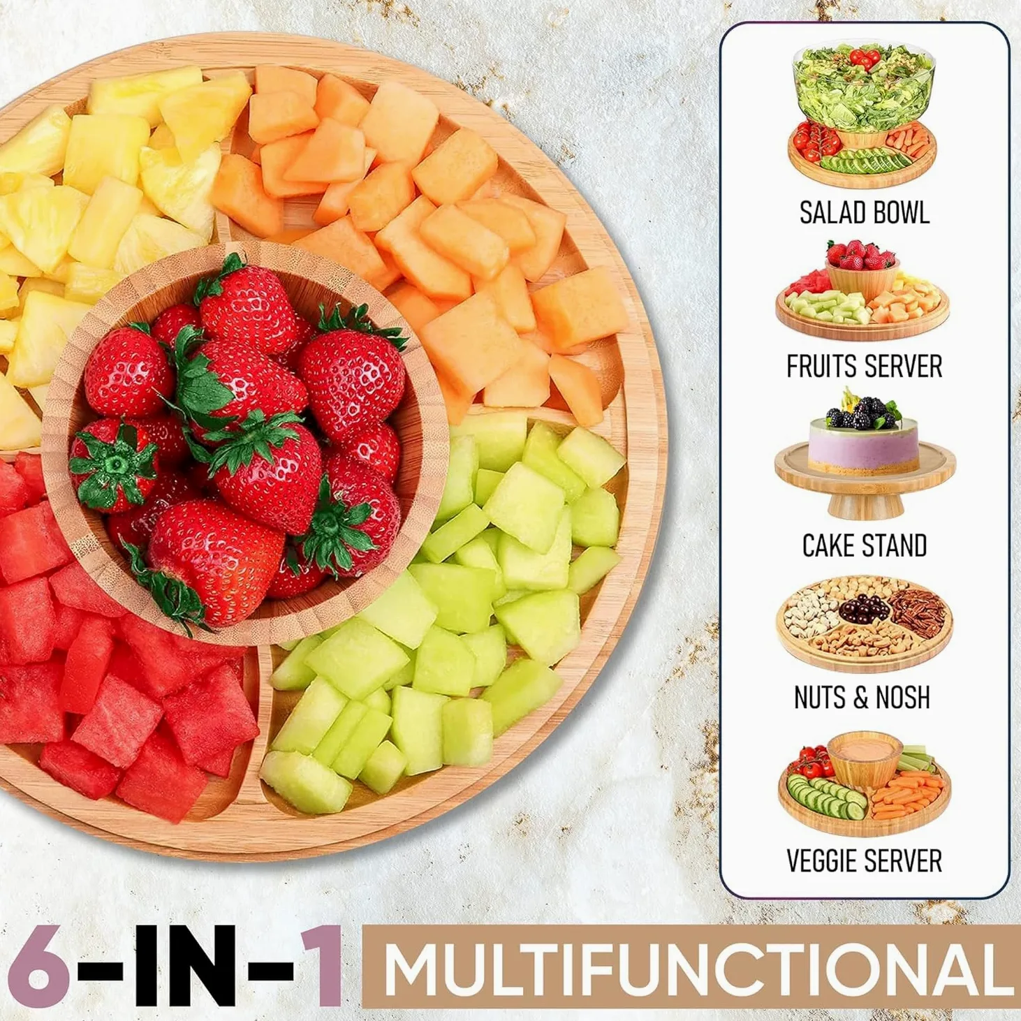 Présentoir à gâteau en bambou avec dôme multifonction 6 en 1, plateau de service (30 cm), support rond pour légumes et salade, présentoir décoratif avec couvercle
