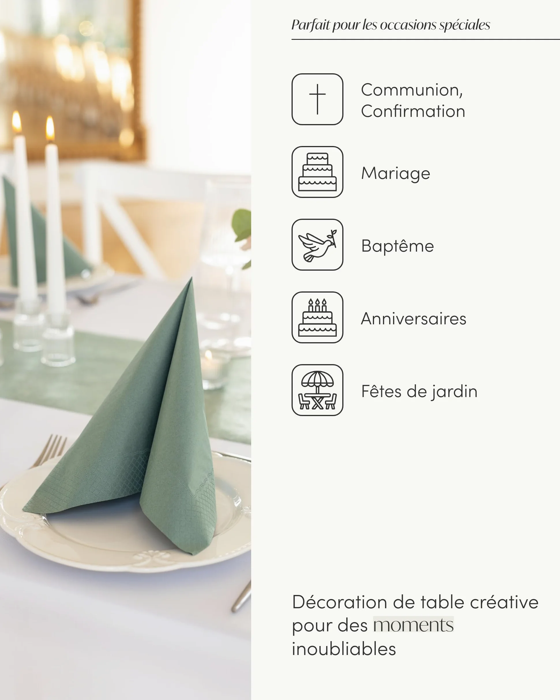 100% Mosel Kit de décoration de table – Vert Eucalyptus (25–50 Invités) | Chemin de Table en Intissé & Serviettes en Papier pour Mariage, Baptême, Communion & Anniversaire
