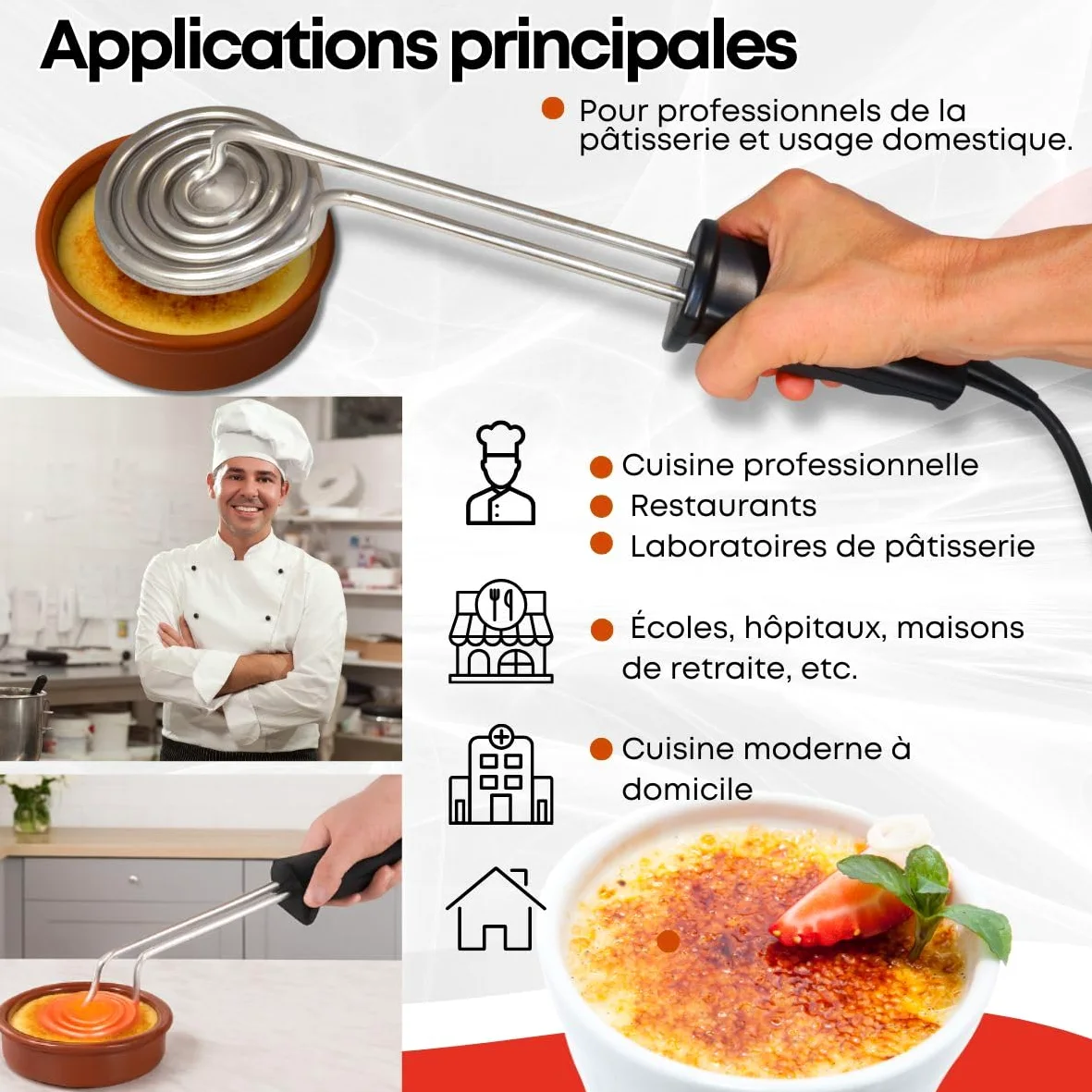 GOLDMAN SERVICE Brûleur à sucre électrique rond | 900 W en acier inoxydable | Pelle pour crème catalane et desserts | Pâtisserie professionnelle sans flamme