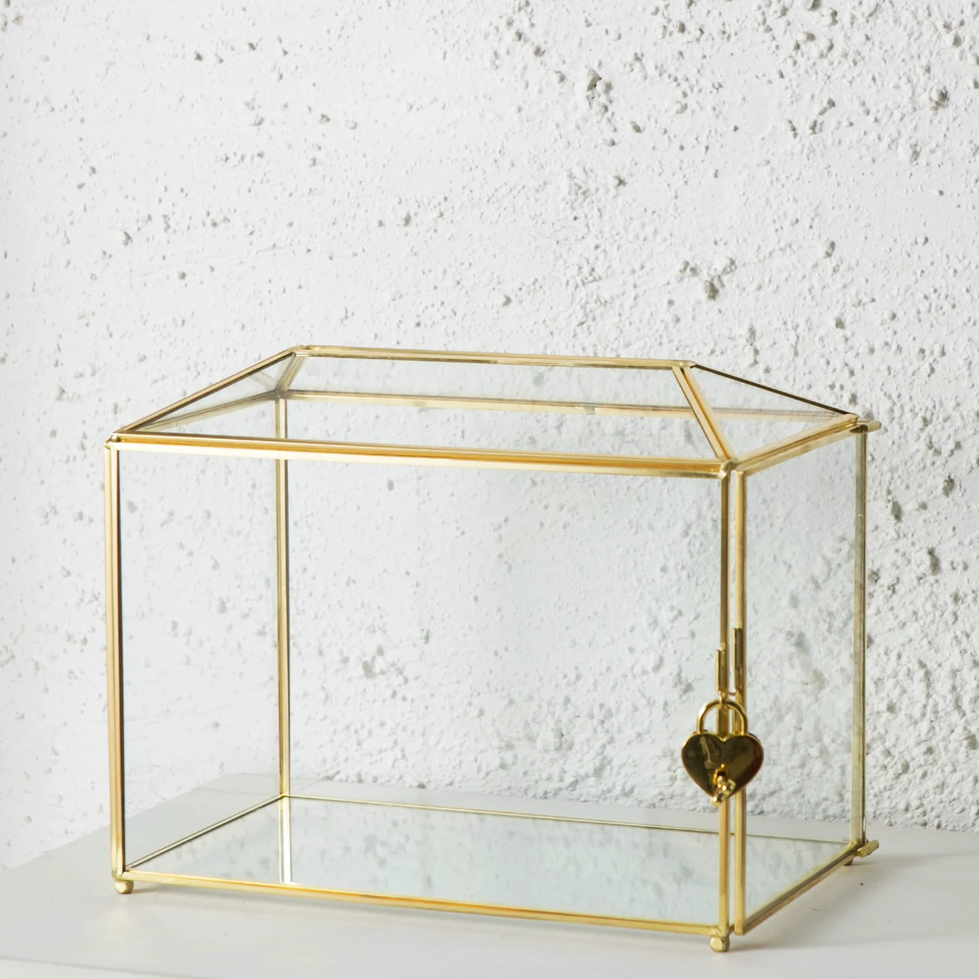 Grande boîte à cartes de mariage en verre transparent avec fente - 25,9 cm - En laiton doré - Avec serrure - Pour réceptions de mariage, fête prénatale, fête d'anniversaire