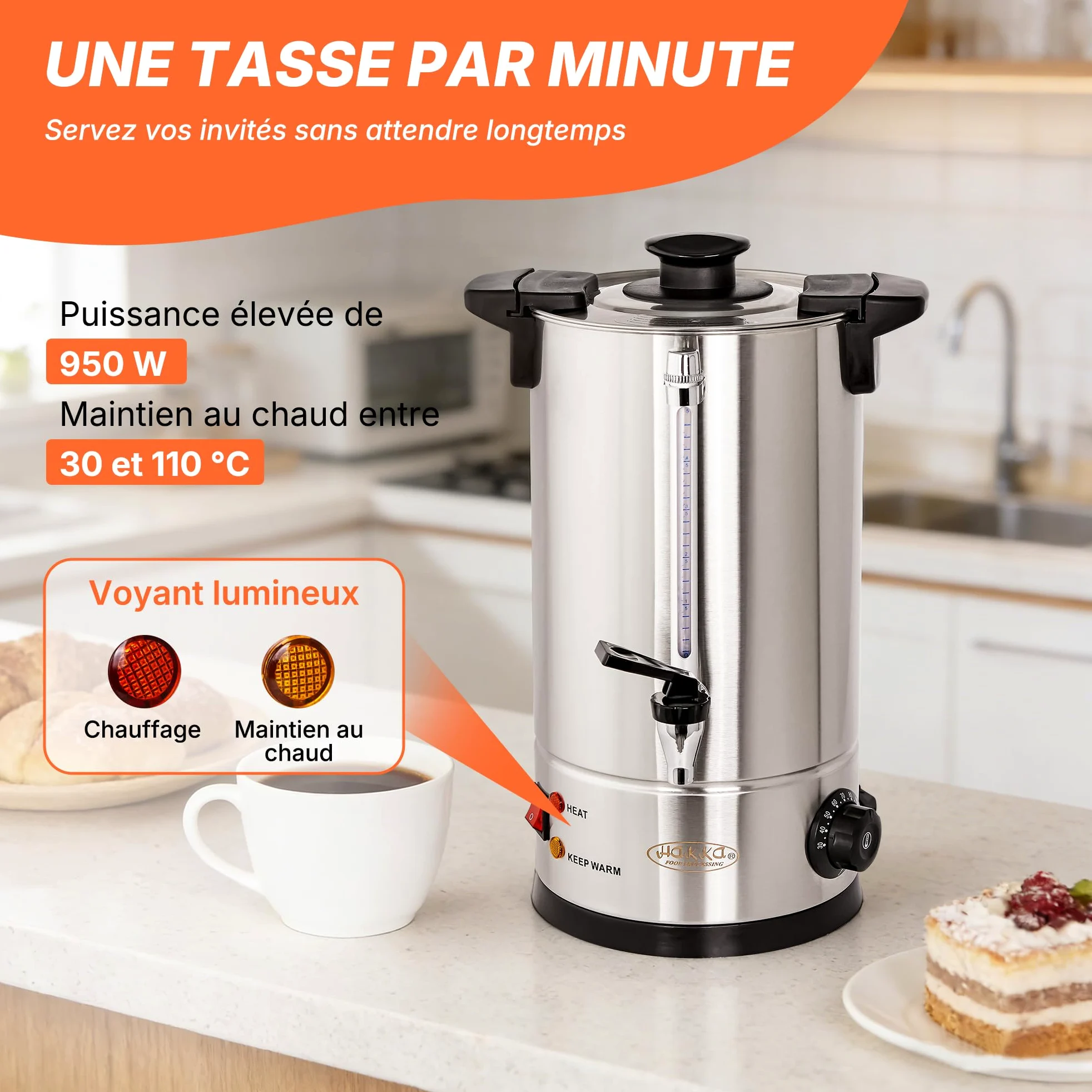 Hakka Percolateur à Café 7L/50 Tasses, Professionnelle Percolateur en Acier Inoxydable, Grand Distributeur de Café, Commercial Percolateurs électrique avec Indicateur de Niveau D'eau (Max: 5,7L)