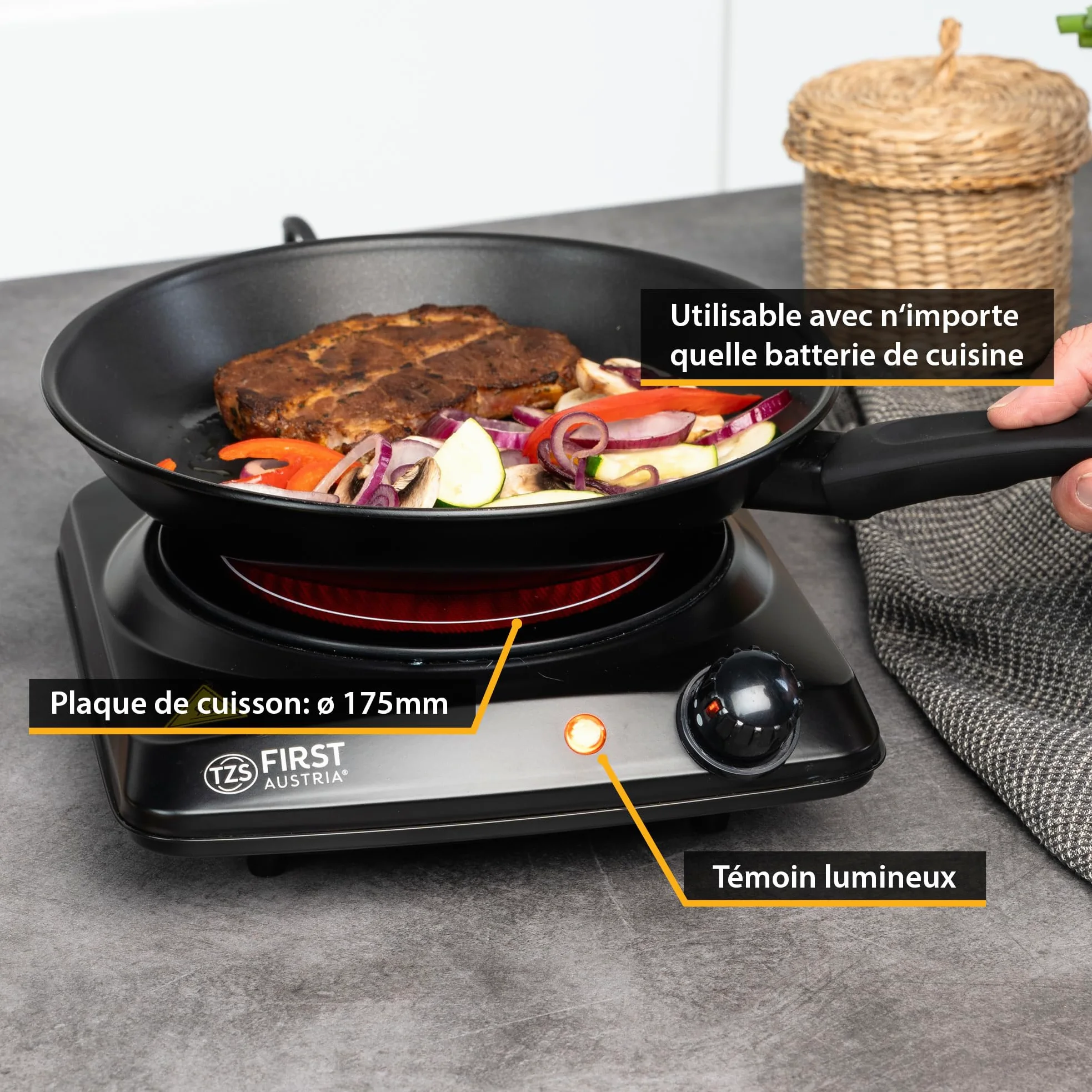 TZS First Austria - Plaque infrarouge 1200W - Ø 175 mm - Réchaud portable avec protection antisurchauffe & thermostat réglable - Plaque vitrocéramique pour tous types de casseroles