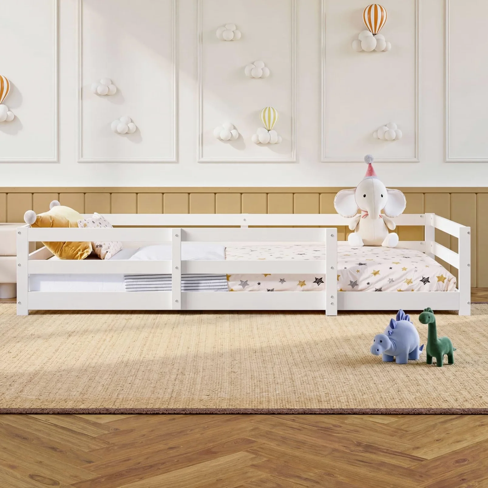Lit Au Sol Montessori 90x200cm,Cadre de Lit 1 Personne avec Quatre Barrières Latérales,Sommier à Lattes Roustes,pour Garçons Filles(90-Blanc)