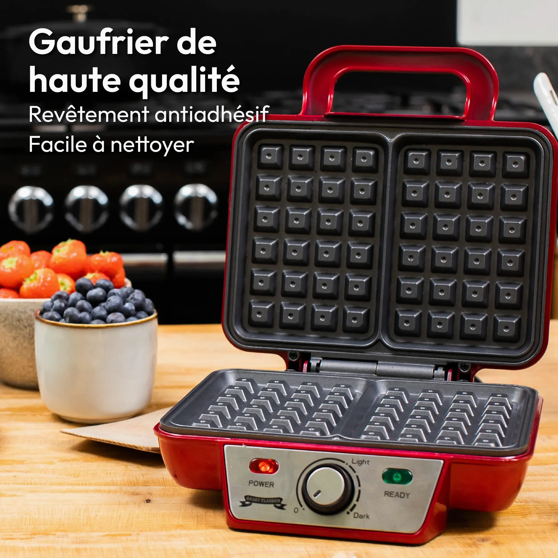 Gadgy® Gaufrier Belge 1000W – Appareil à Gaufres Antiadhésif 23x16,8 cm – Température Réglable, Indicateur LED, Poignée Isolée – Idéal pour Desserts et Fêtes