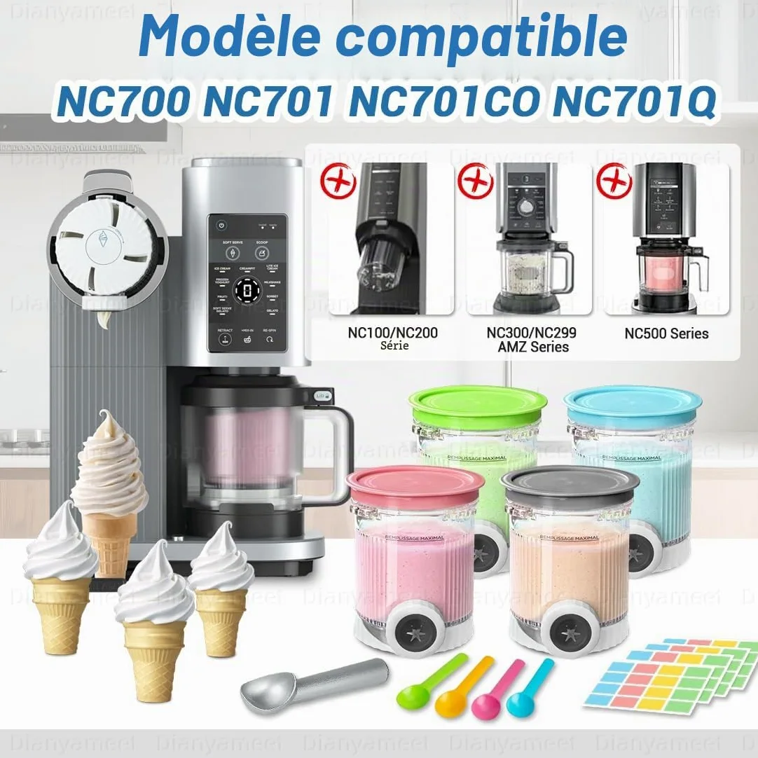 4 récipients de rechange compatibles avec la machine à glace molle Ninja Swirl by CREAMi série NC700 NC7001EU, pour accessoires de coupes à glace Ninja Swirl by Creamy