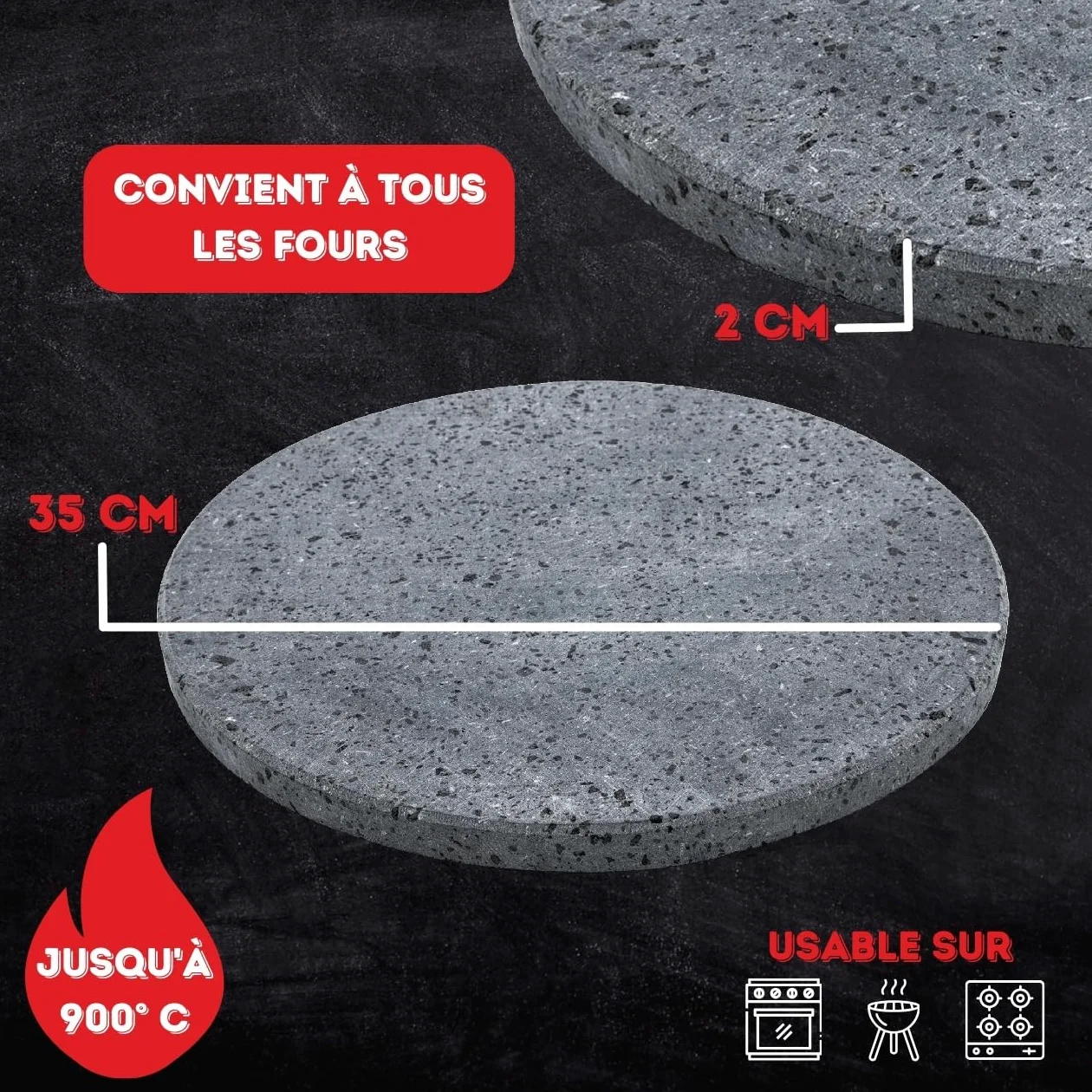 CUORE LAVICO – Kit plaque réfractaire en pierre de lave etnea ronde pour pizza diamètre 35 SP. 2 cm + pelle | four à gaz, électrique et barbecue pour pain et pince – Fabriqué en Italie