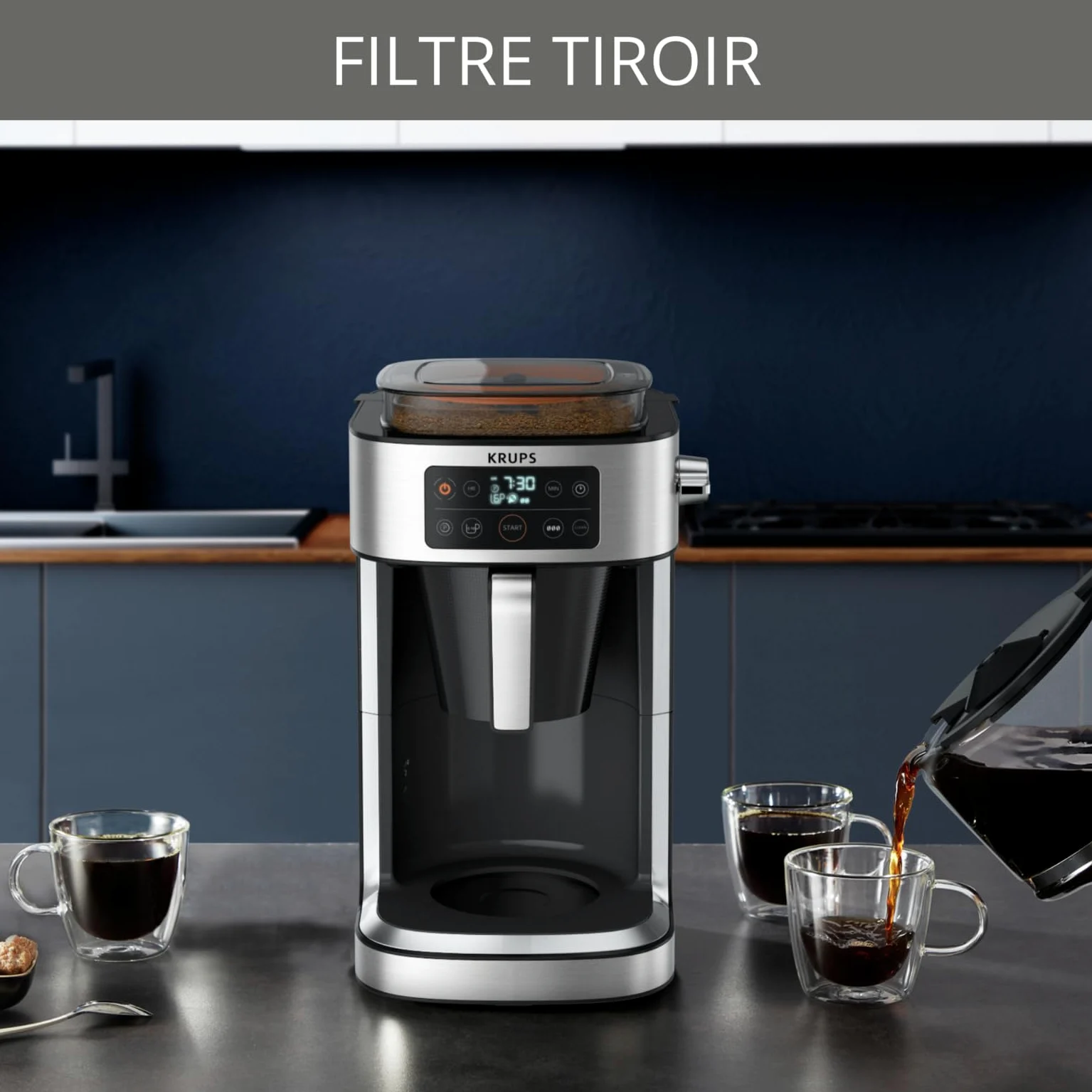 Krups Cafetière filtre Aroma Partner, Bac à café hermétique intégré, Dosages automatiques et précis grâce au système de levier intelligent, 10 à 15 tasses, Capacité 1,25 L KM760D10