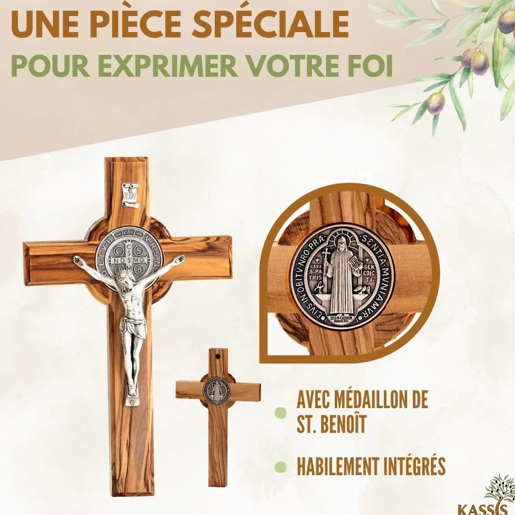 Kassis Geschenkartikel Croix de Saint Benoît en bois d'olivier – Croix murale chrétienne faite main à Bethléem pour baptême et communion – 20 x 12,5 cm (sans gravure), Saint Benoît