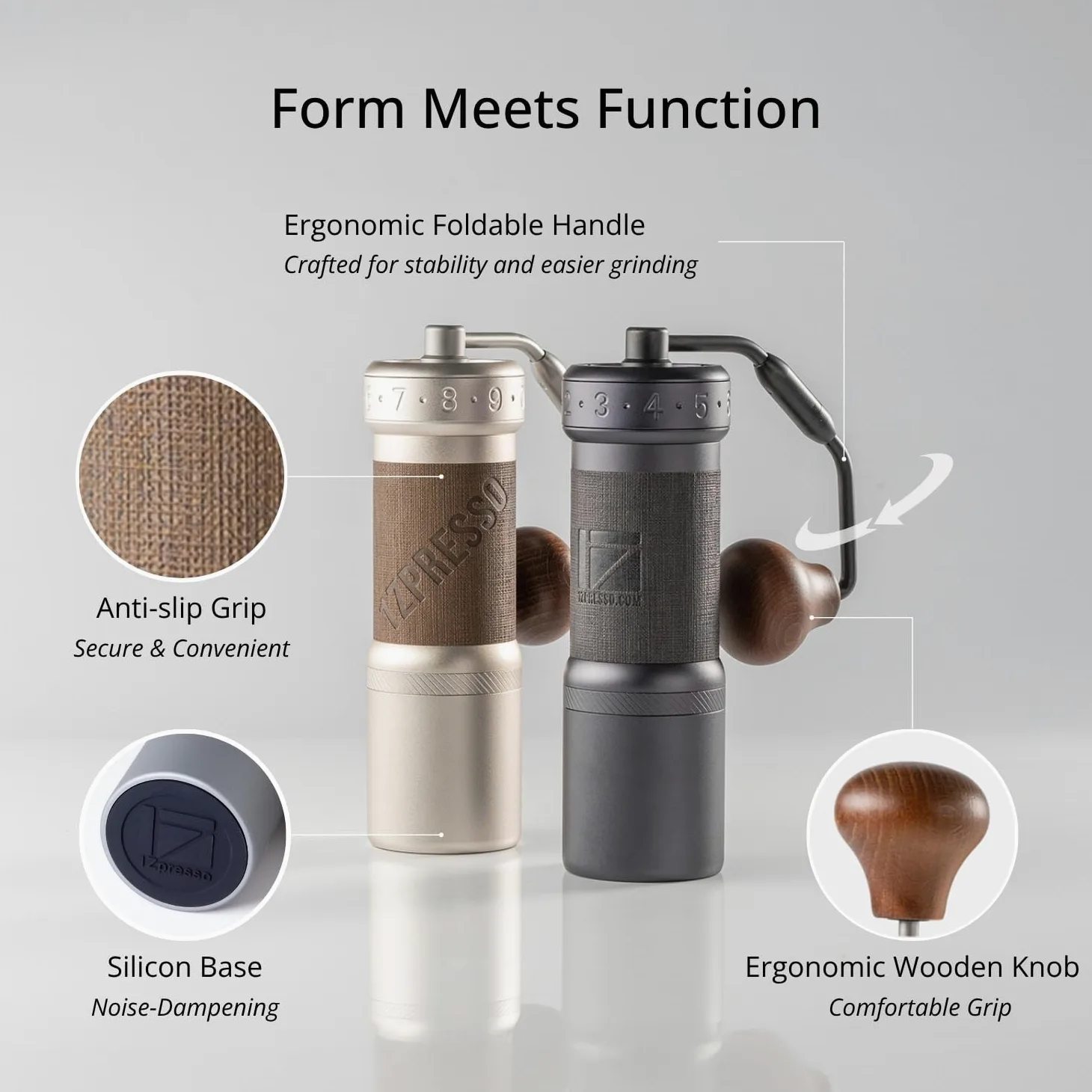 1Zpresso K-Ultra Moulin à café manuel gris fer avec étui de transport, meulage cohérent de l'assemblage Fraise conique en acier inoxydable, poignée pliable, réglage numérique externe réglable, moulin