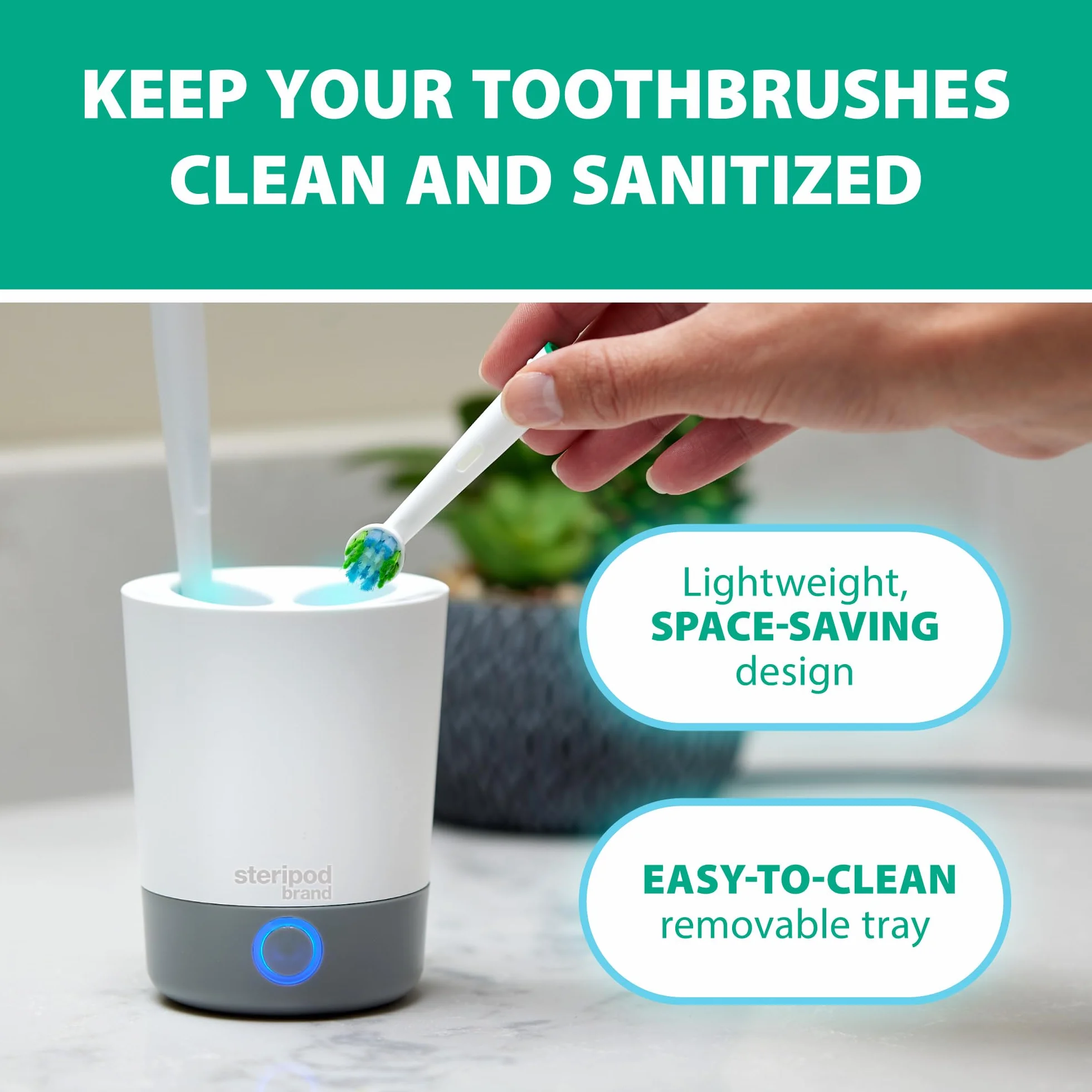 Steripod Désinfectant UV pour Brosse à Dents de comptoir - Réduit Les Micro-organismes nocifs, Support de Brosse à Dents et Station de Nettoyage - Peut contenir Quatre brosses à Dents