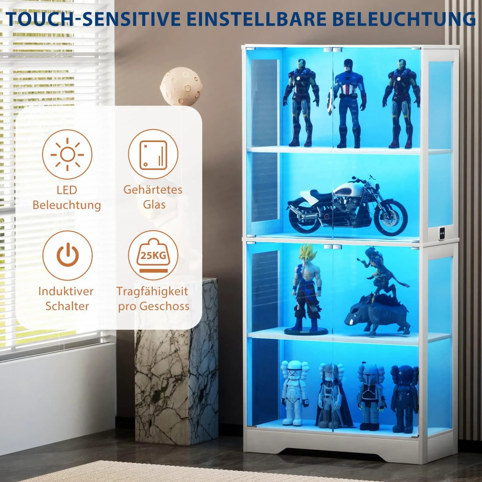 Vitrine en Verre,Vitrine pour Collection avec Lumières LED,Bibliotheque,Buffet Salon,Placard Rangement,Meubles de Rangement,80x35x165cm (Blanc)