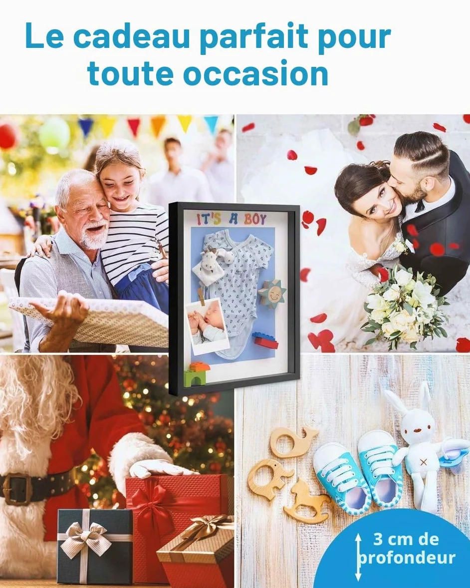 PHOTOLINI Cadre Photo 3D à remplir 50 x 70 cm Noir, Cadre boîte Profond, pour Objets jusqu'à 3 cm, Bois MDF, Verre Acrylique - pour Les Loisirs créatifs & comme Cadeau
