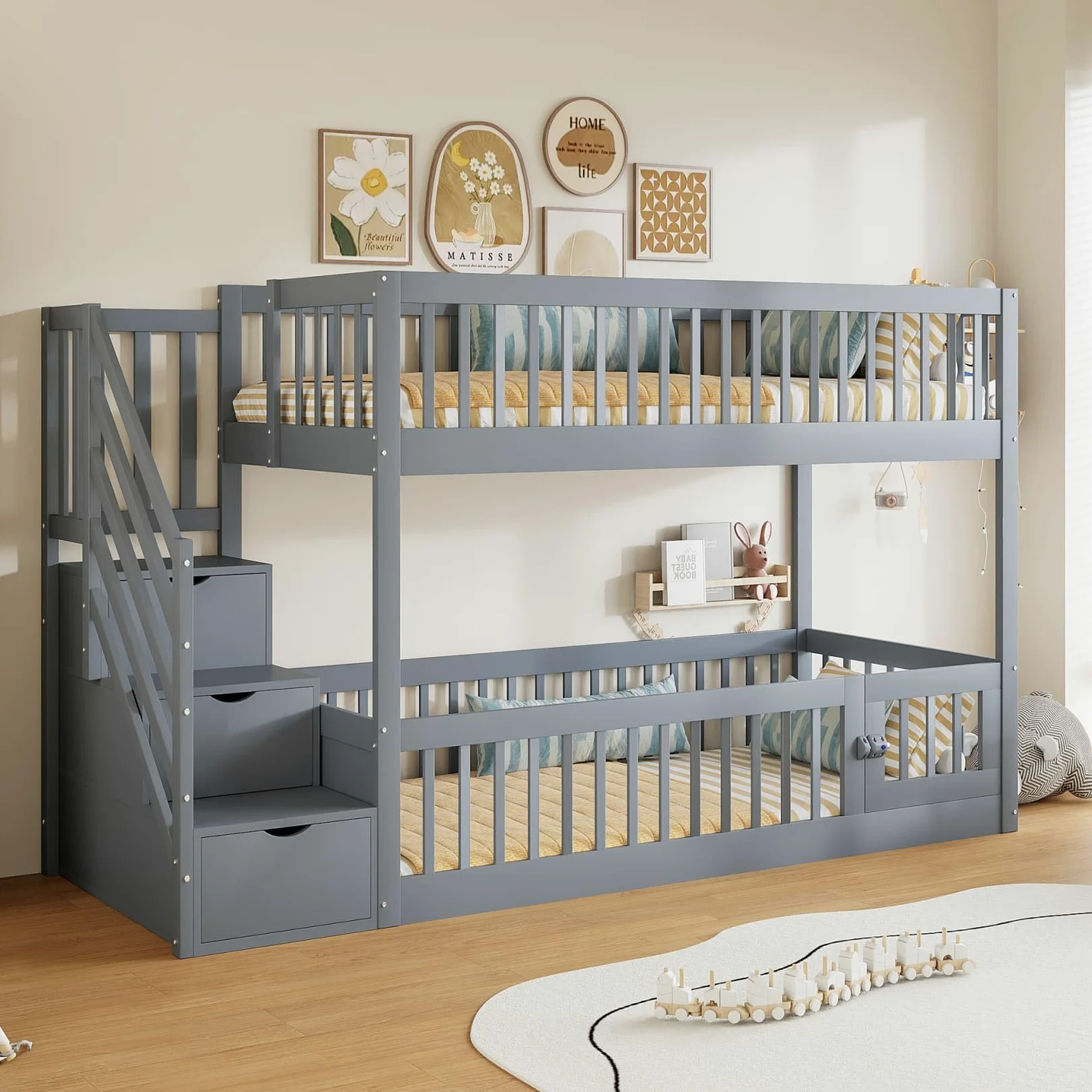 PUGSDRLY Lit Superposé Enfant 90x200cm en Bois avec échelle Rangement,Lit Mezzanine 2 Places avec Sommier à Lattes,Barrière de Sécurité Haute,pour Enfant et Adolescent,sans Matelas (Gris-90)