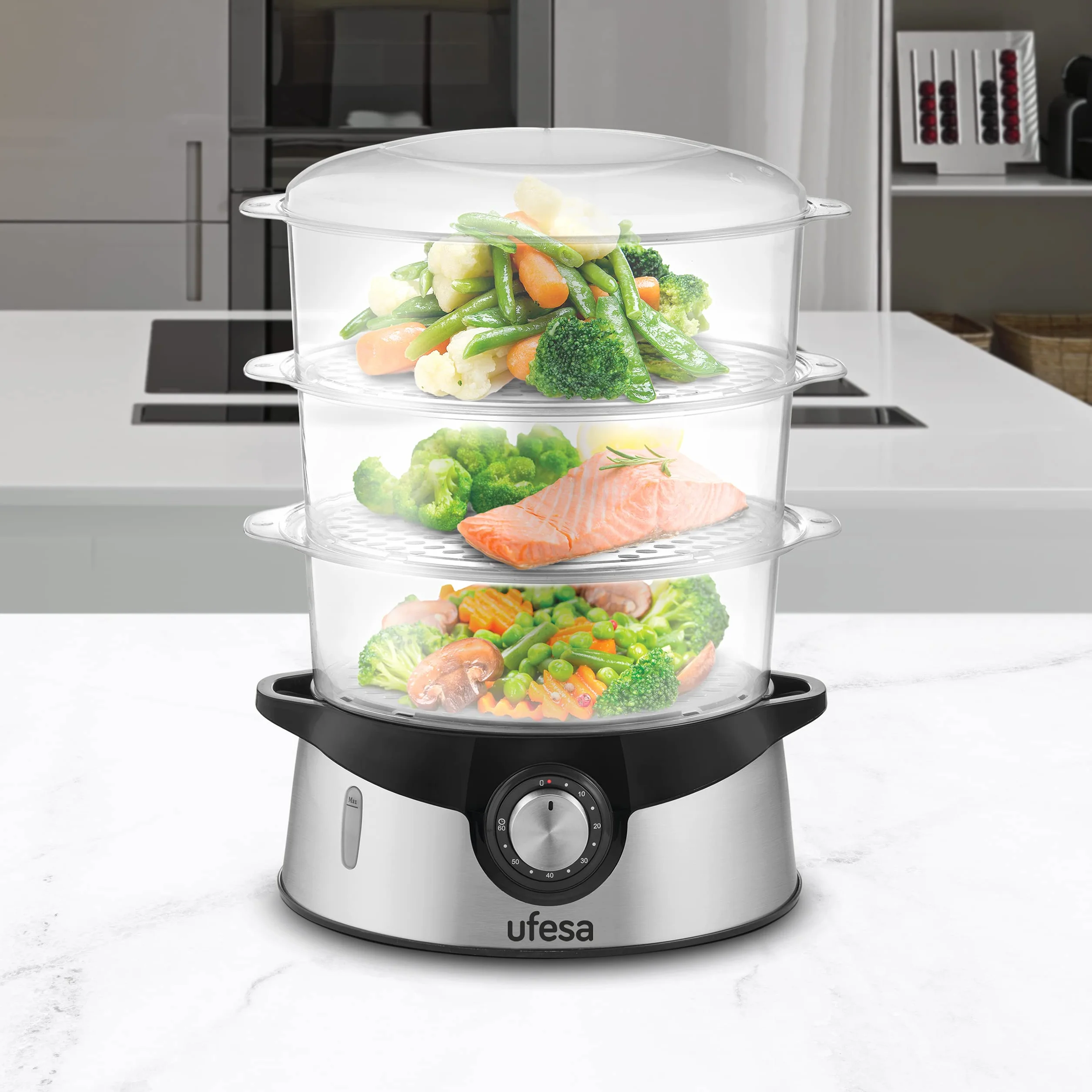 Ufesa CV4000 Cuiseur Vapeur 800W, 3 Plateaux Empilables, Capacité 9L, Minuterie de 60min, Inclus Bol de Riz de 1L, Sans BPA, Inox