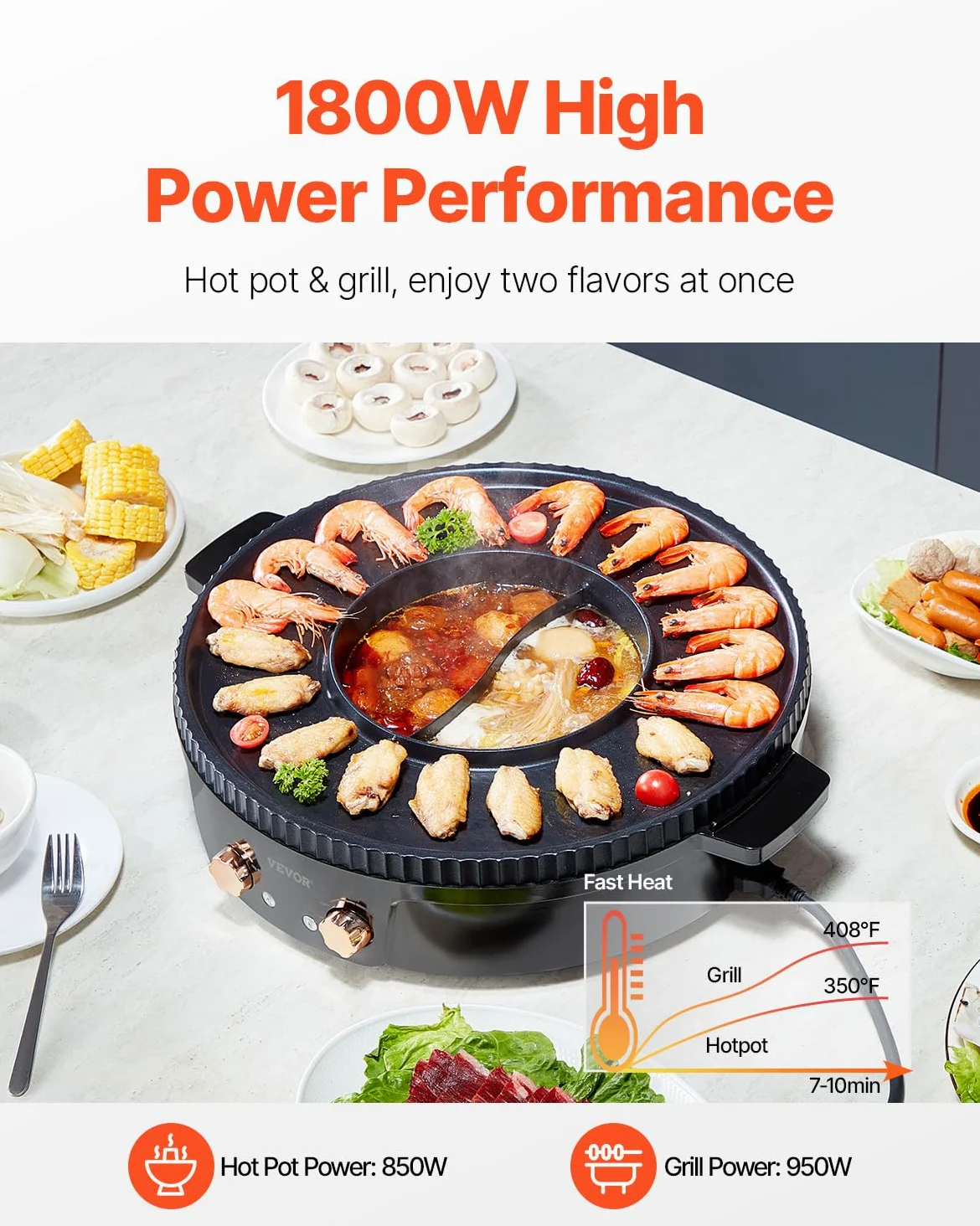 VEVOR Appareil à Fondue Chinoise avec Gril 2-en-1, Hot Pot Électrique 1800 W, Fondue Électrique avec Double Contrôle de Température Séparé, Poêle Antiadhésive, pour Barbecue Coréen Shabu Shabu Hotpot