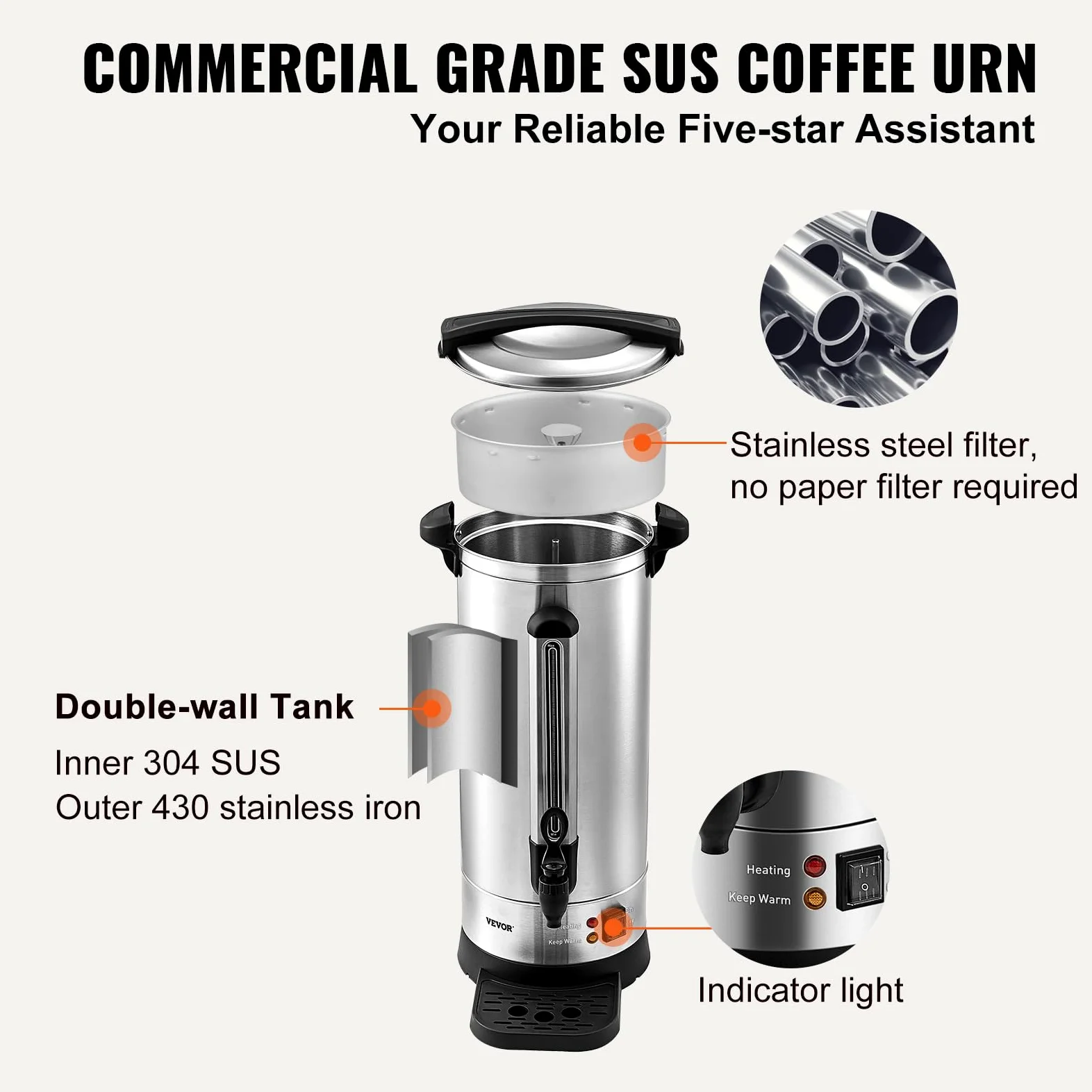 VEVOR Percolateur à Café 16,4 L 110 Tasses Distributeur de Boissons Chaudes en Acier Inoxydable Filtre Permanent Marmite à Vin Chaud 90-98 ℃ Maintenu Infusion Rapide Appareil Chauffe Eau Thé Chocolat