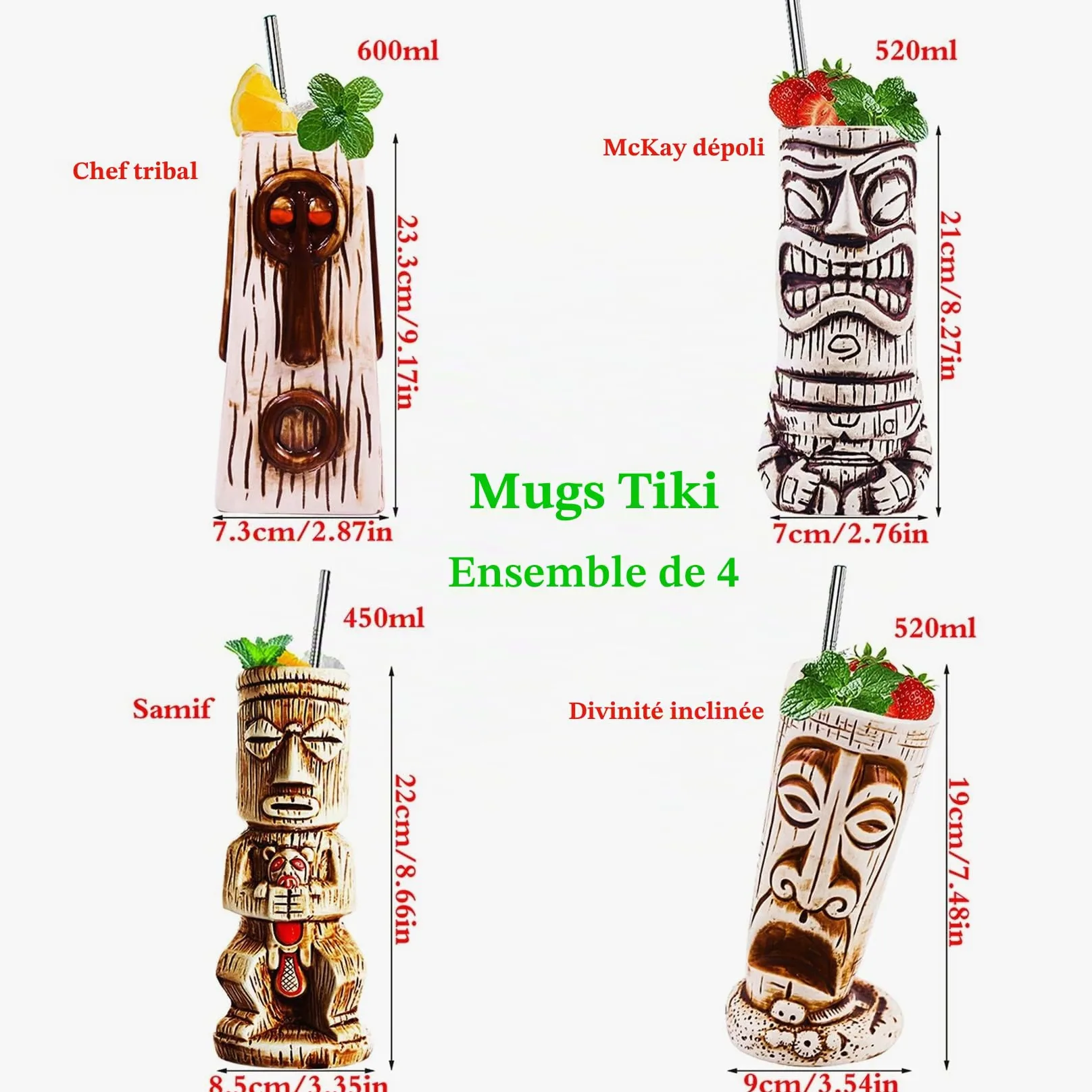 tiki Cocktails Tiki Mugs Ensemble de 4 Tasses à Cocktail en Céramique Verres à Cocktail Exotiques Tiki Bar Professionnel Hawaiian Party Barware tiki mug reutilisable,Beige