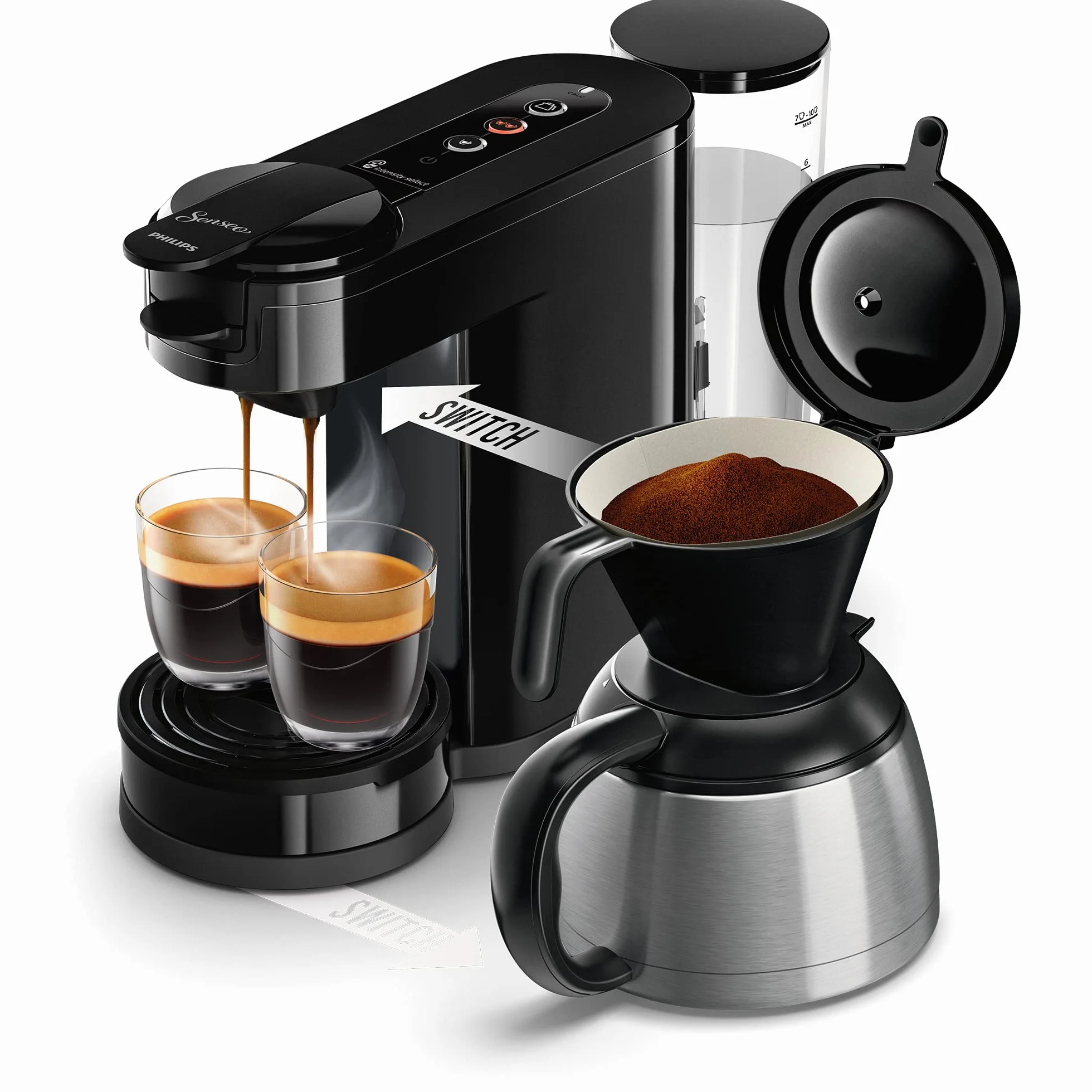 Philips Senseo Switch HD6592/64 Machine à café à dosettes et filtres, technologie d'infusion 2 en 1, réservoir d'eau de 1 litre, 7 tasses en un seul passage, noir laqué