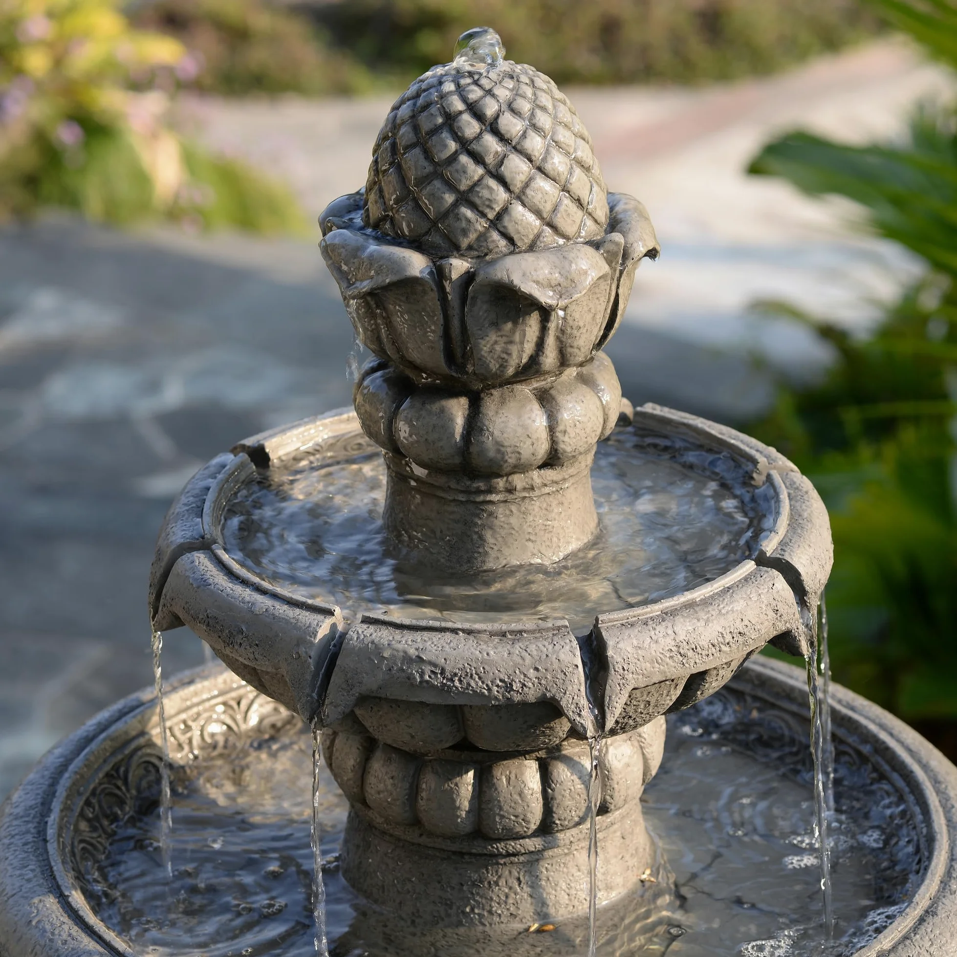 Teamson Home Fontaine Bain d’Oiseaux extérieure 99 cm à 2 Niveaux, Bassin Peu Profond, Finition Pierre Gris Clair, Flux Doux