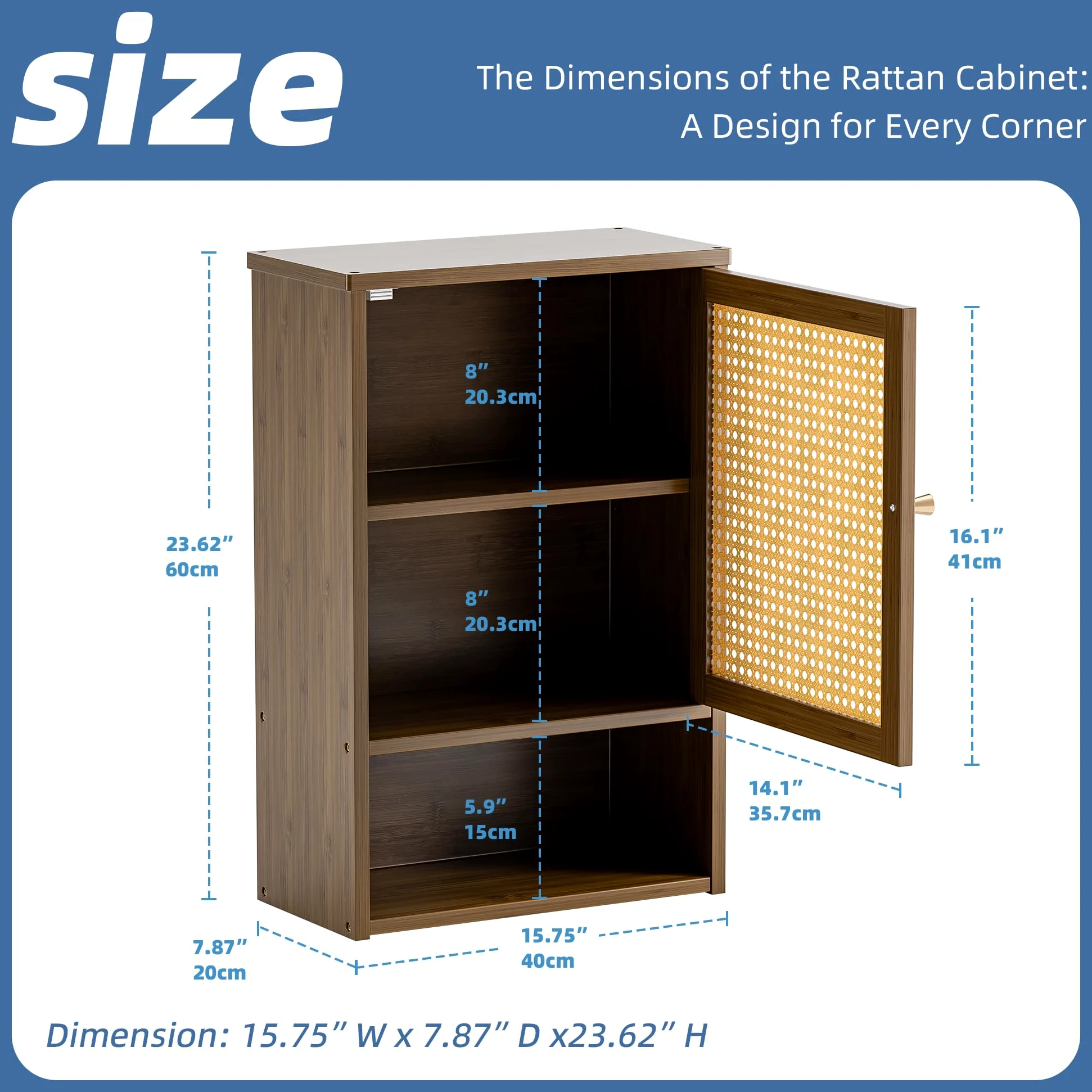 HITNET Armoire Mural Salle de Bain Rotin, Petit Meuble Rangement Toilette Suspendu, Armoire à Pharmacie Bambou avec Compartiment Ouvert et Étagère Réglable, Noyer