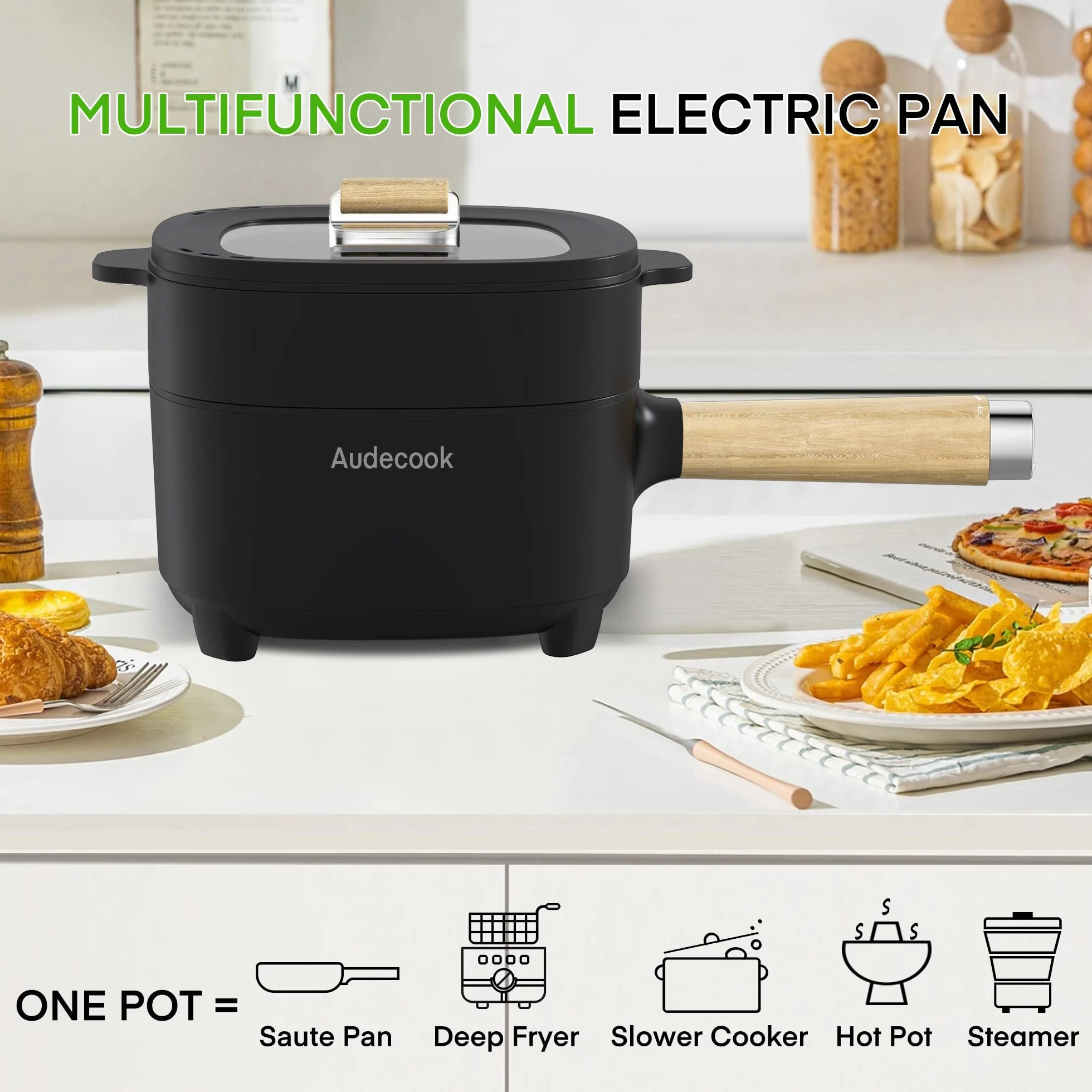 Audecook Casserole électrique, 2 L Cermic Glaze Poêle à frire antiadhésive (Noir, 2 litres)