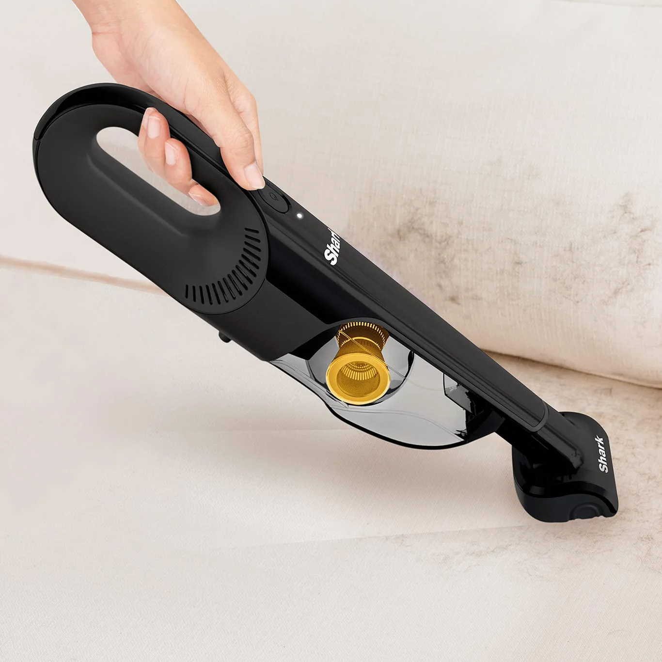 Shark Aspirateur à main sans fil avec outil pour animaux domestiques, suceur plat et brosse à épousseter, 80 W, 0,45 l, temps de fonctionnement de 10 minutes, filtre lavable, noir et jaune, CH950UKT