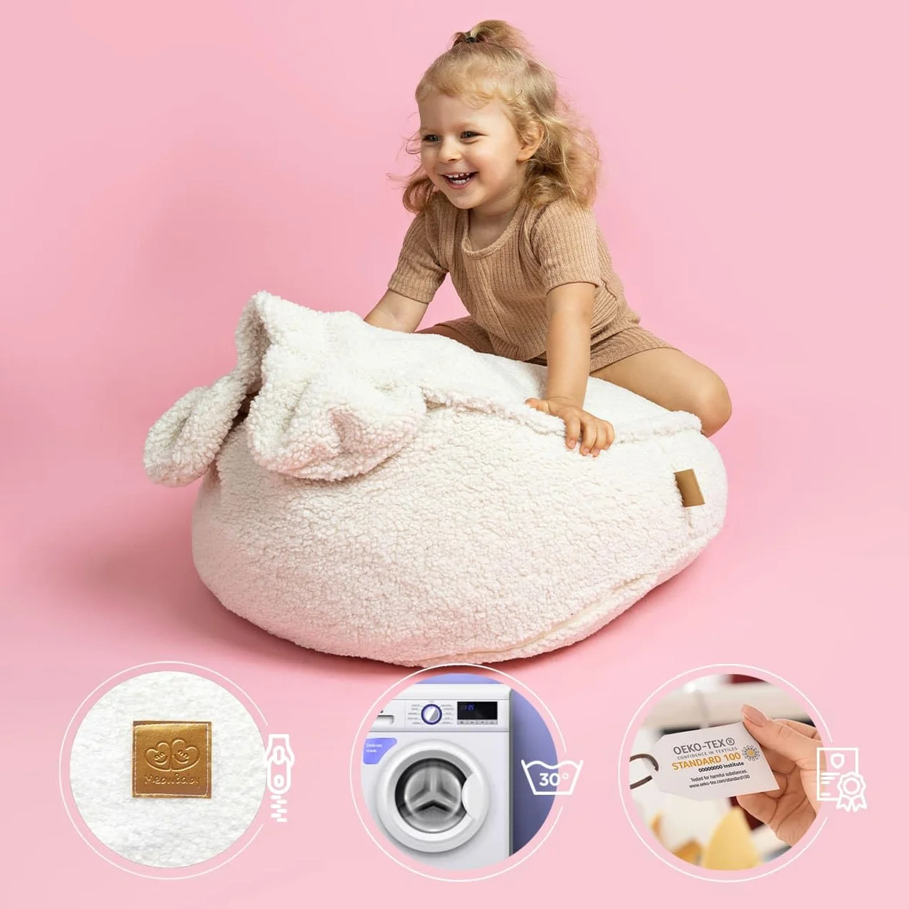 MEOWBABY Pouf Chambre Enfant - Fauteuil Poire Confortable et Léger - Pouf Poire Ergonomique pour Lecture et Jeu - Siège Douillet pour Fille et Garçon avec Remplissage de Billes, Bearly, Blanc