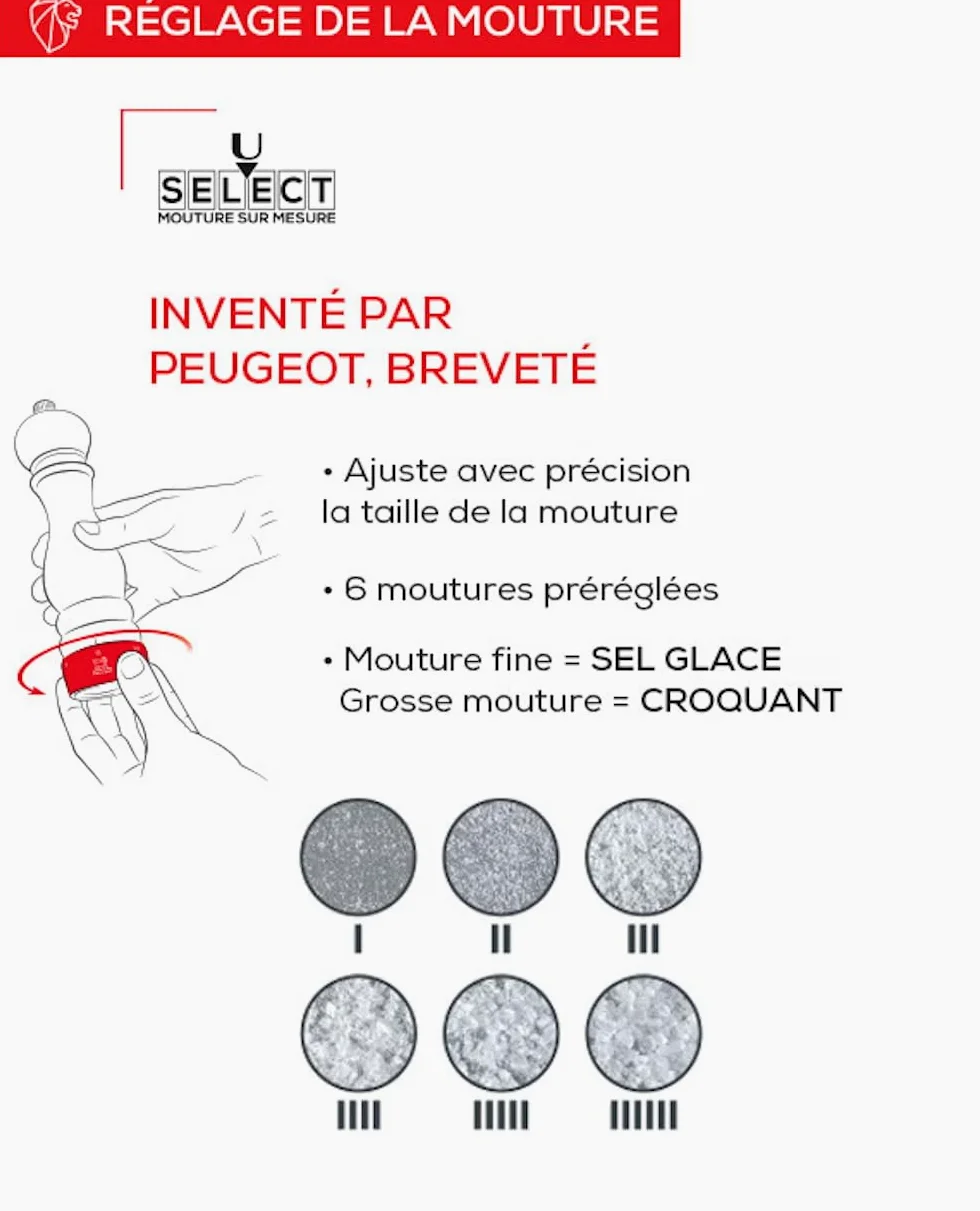 PEUGEOT - Moulin à Sel Daman u'Select 21 cm - 6 Réglages de Moutures Prédéfinies - Innovation Sel Glace, Mécanisme Zirlion - En Inox et Acryl - Fabrication Française, Salt Mill