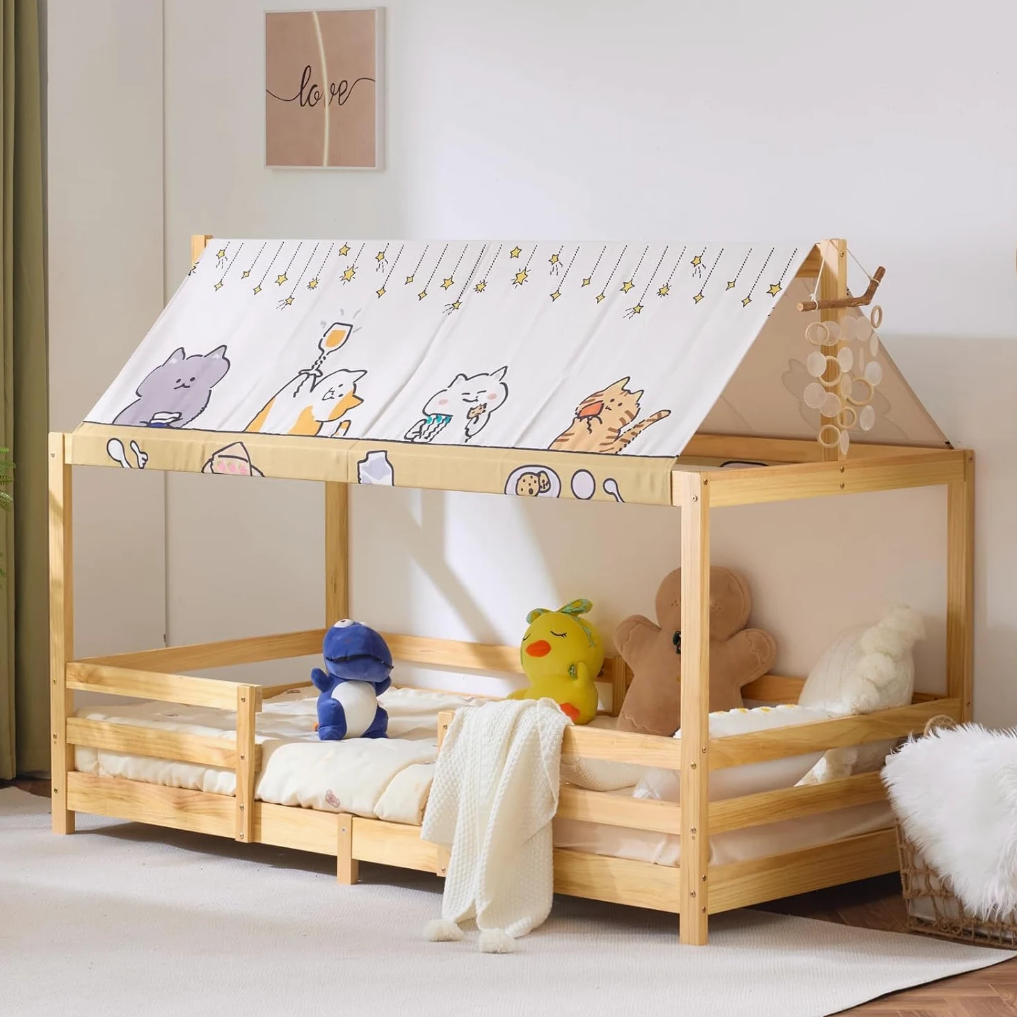 LEADZM Lit cabane Enfant 90x190 cm avec baldaquin en Tissu, sommier à Lattes, barrières de sécurité Enfant Bois en pin Forme de Maison Lit au Sol Montessori (Naturel)