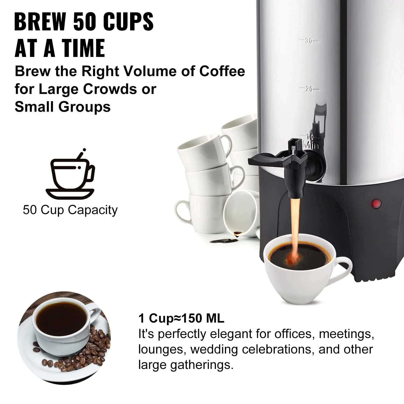 VEVOR Percolateur à Café 7,4 L 50 Tasses Distributeur de Boissons Chaudes en Acier Inoxydable Filtre Permanent Marmite à Vin Chaud 90-98 ℃ Maintenu Infusion Rapide Appareil Chauffe Eau Thé Chocolat