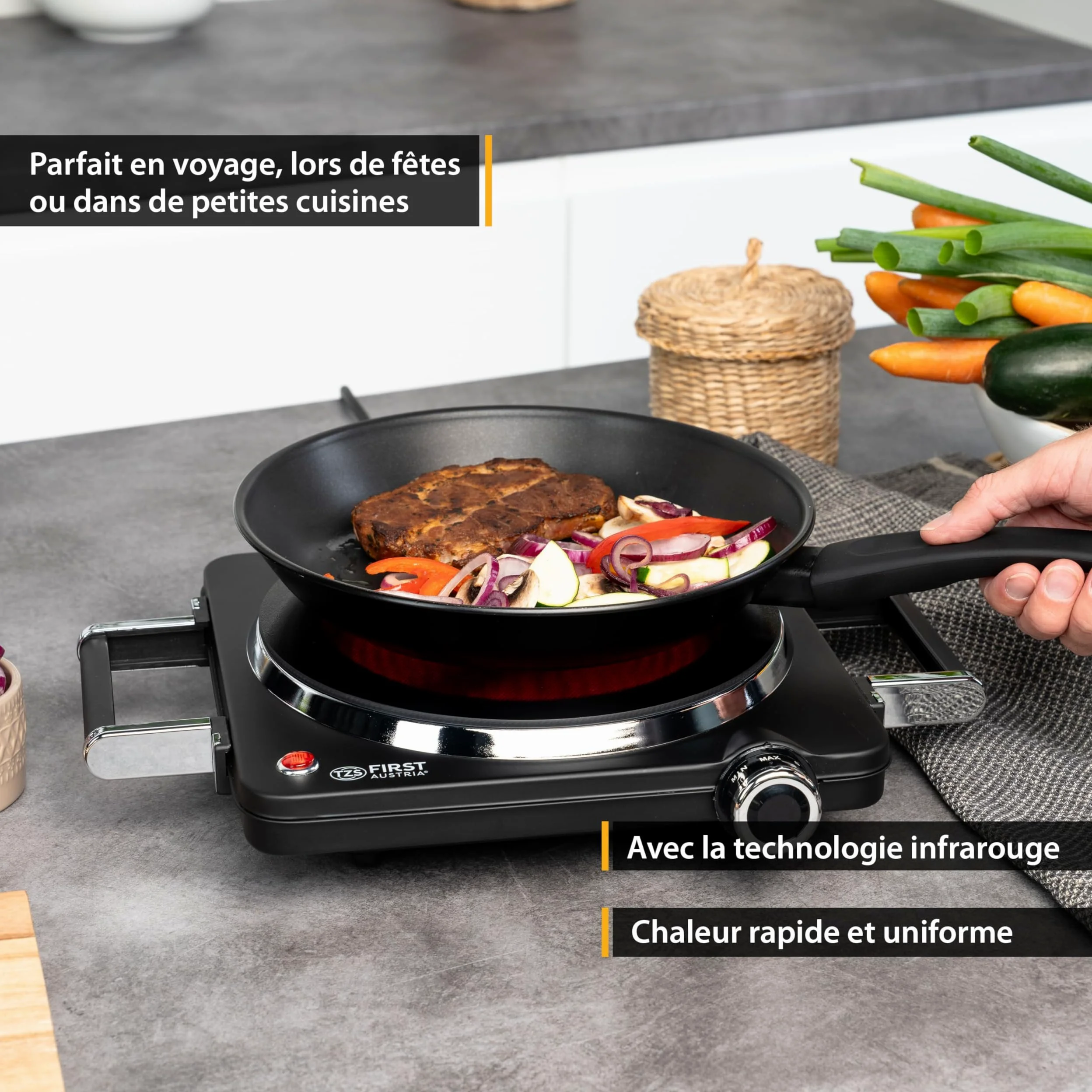 TZS First Austria - Plaque Infrarouge 1500W - Plaque vitrocéramique pour tous types de casseroles - Réchaud électrique avec poignées, réglage continu & témoin lumineux - Ø 220 mm - Noir