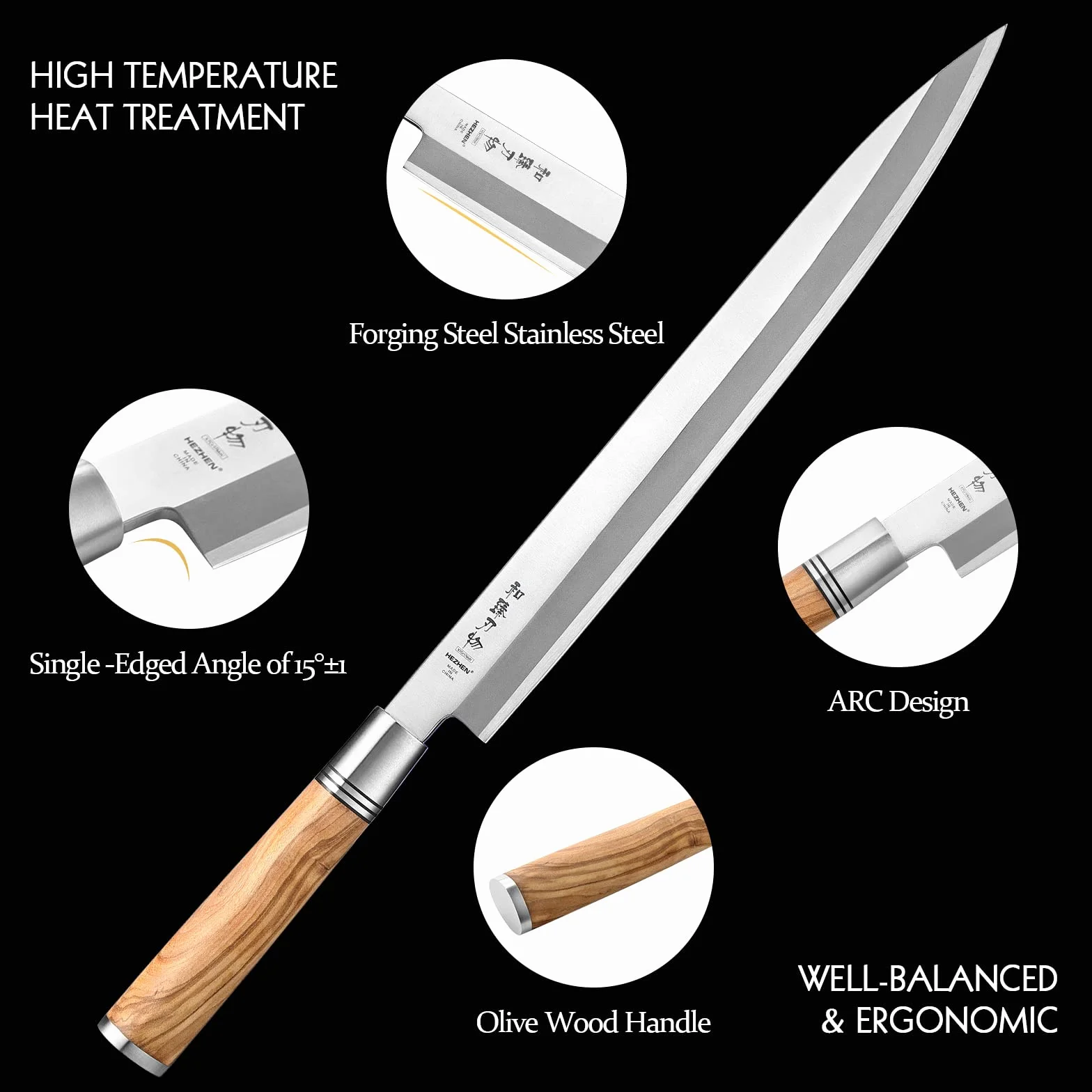 Couteau Yanagiba HEZHEN 300 mm, acier forgé, manche bois