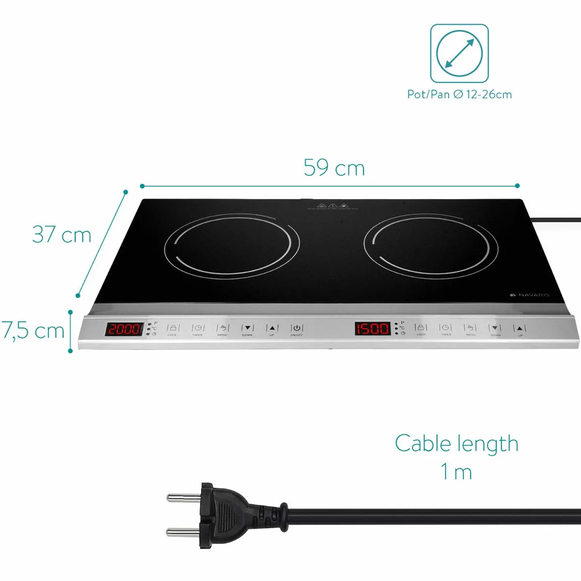 Navaris Double Plaque à Induction - Plaque Induction 2 Foyers 3500W - Plaque Vitrocéramique de Cuisson - Boutons Tactiles Minuteur et Sécurité