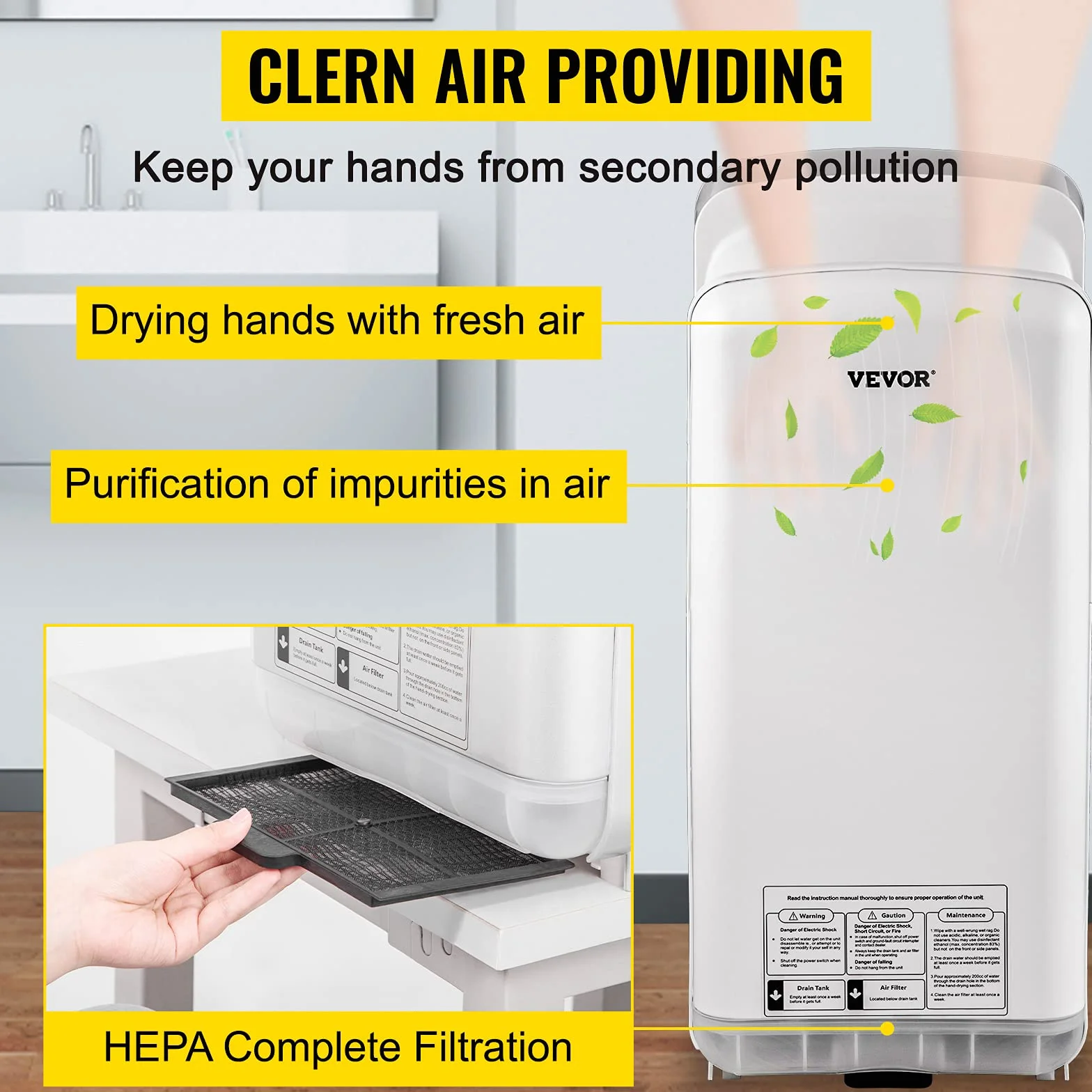 VEVOR Sèche-Mains Automatique 2000W Sèche Main Air Pulsé Électrique Commercial ABS Super Puissant Filtration HEPA 43℃ Moteur à Balais Carbone pour Sécher Séchage Mains Toilettes 290x220x685 mm Blanc