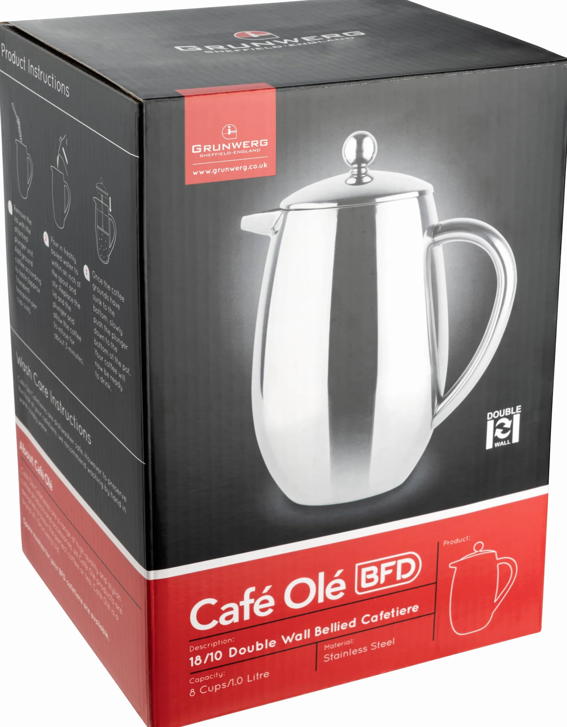 Café Olé BFD Cafetière, corps à double paroi en acier inoxydable 18/10 et filtre à mailles, finition miroir, 1000 ml (8 tasses à espresso ou 4 tasses)