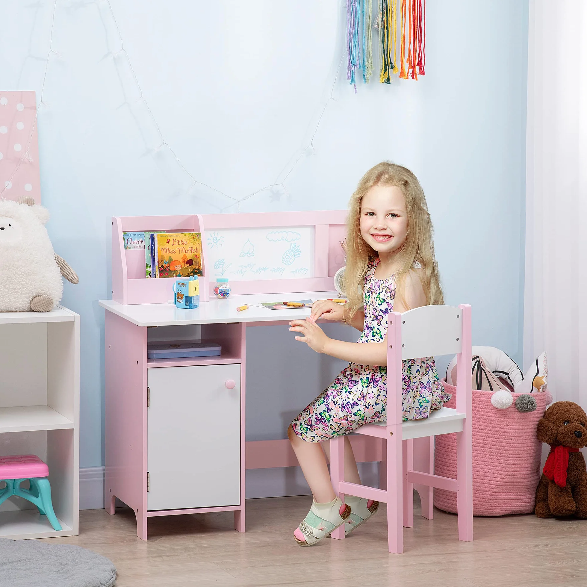 HOMCOM Ensemble Table et Chaise pour Enfant avec Tableau Blanc - Bureau pour Enfant +5 Ans 90L x 45l x 85H cm Rose