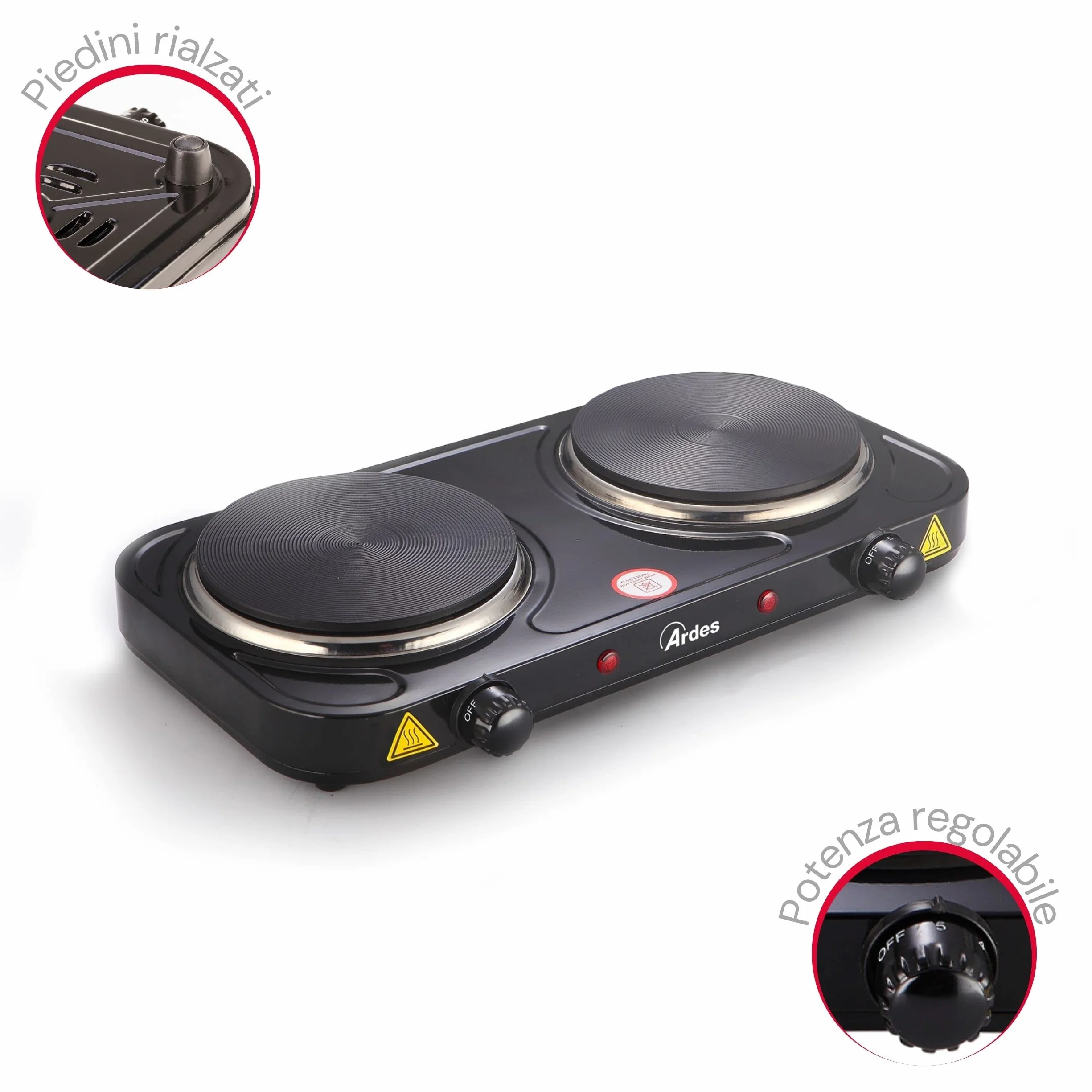 ARDES - Cuisinière électrique en acier peint de 1500W pour le camping et la cuisine avec 2 plaques en fonte de 15,5 cm de diamètre et 2 thermostats Modèle TIKAPPA AR1F20 Noir