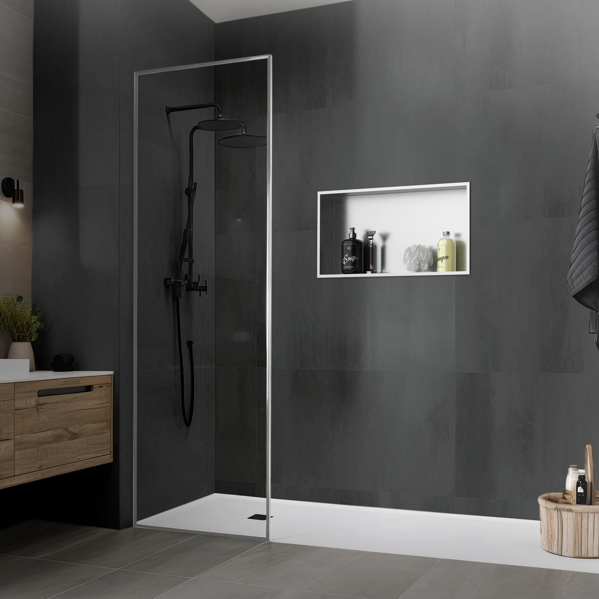 LuxeBath Niche de Douche Encastrée Murale, 60x30x10cm, en Acier Inoxydable, Argent, Étanche, Étagère avec Cadre Salle de Bain, Encastrable, Seule Couche, Rangement Articles Toilette, Matériel Montage