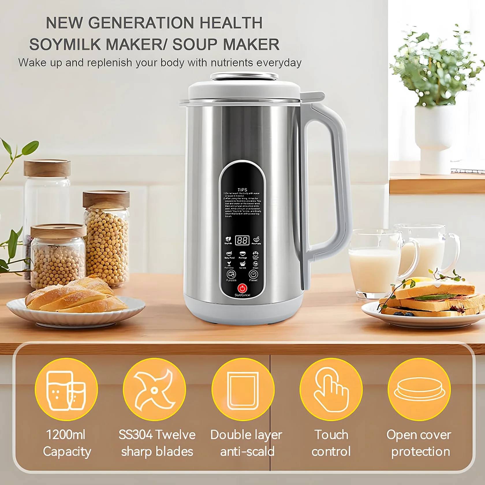 Nut Milk Maker en Acier Inoxydable, Une Machine à Lait De Soja De 1,2 L avec Un Coupeur à 12 Lames, Une Minuterie 24h Et Une Affichage à LED Au Chaud, Un Lait à Base De Plantes avec des Amandes