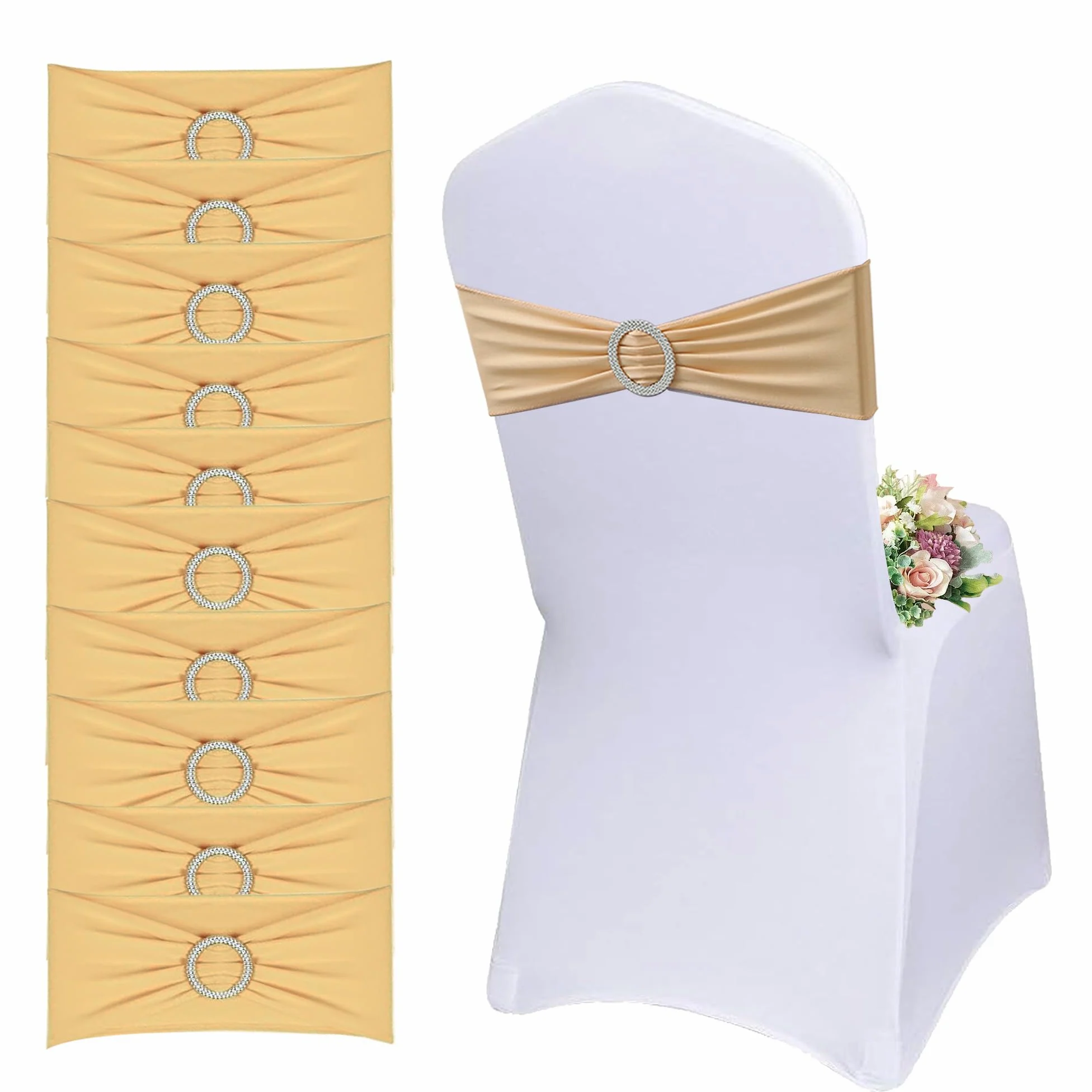 Lot de 50 Écharpes De Chaise Élastiques avec Boucle Ronde - Housse de Chaise et Ceinture Extensible Décoration pour Mariage, Banquet, Fête, Réception, Fête d'anniversaire (Champagne Or)