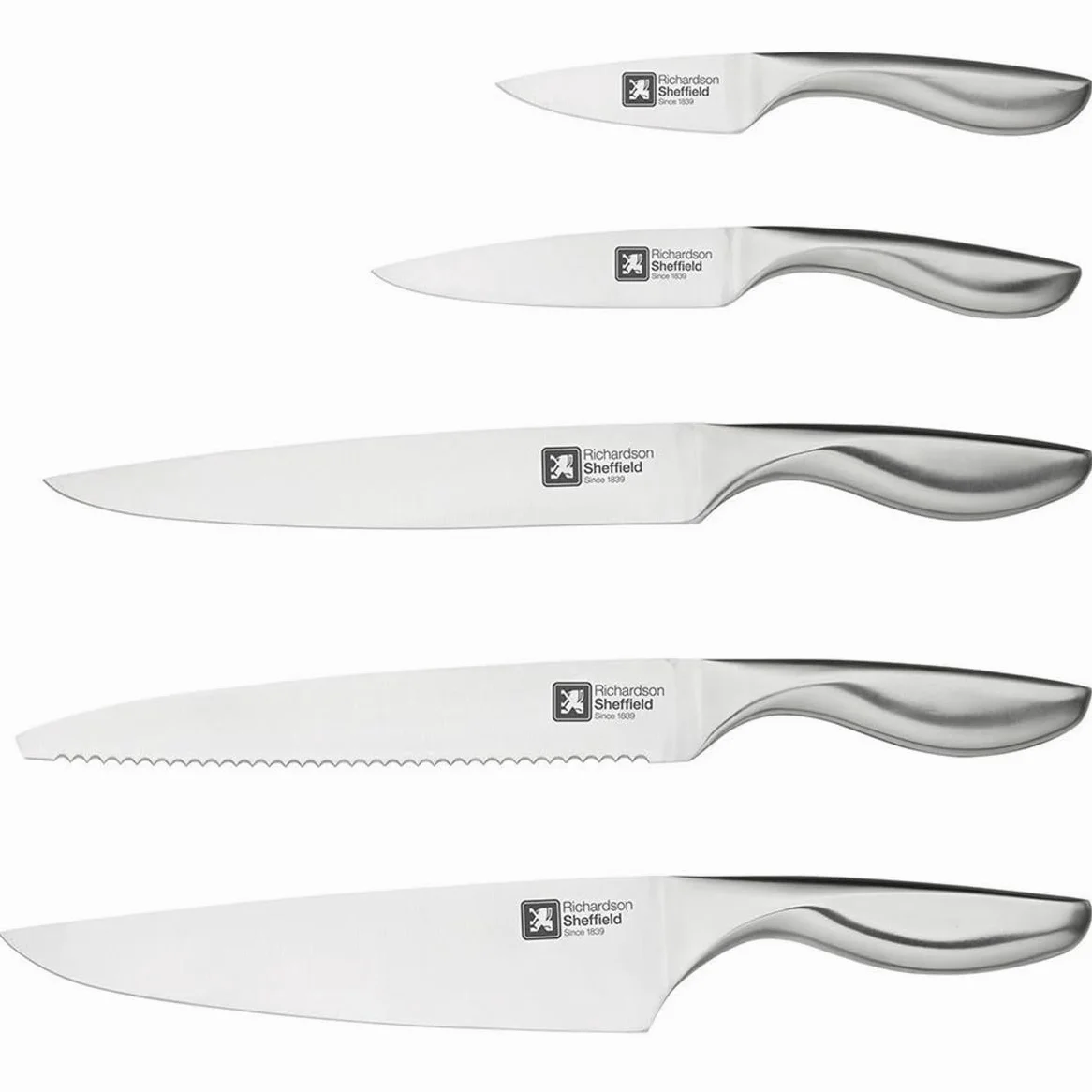 Richardson SHEFFILED - Bloc avec 5 Couteaux de Cuisine : Office, utile, Chef, découper et Pain - Forme - Acier 13 C Finition Manche Toucher sensitif Tout INOX - 18 x 7.5 x 18 cm - INOX/Bois