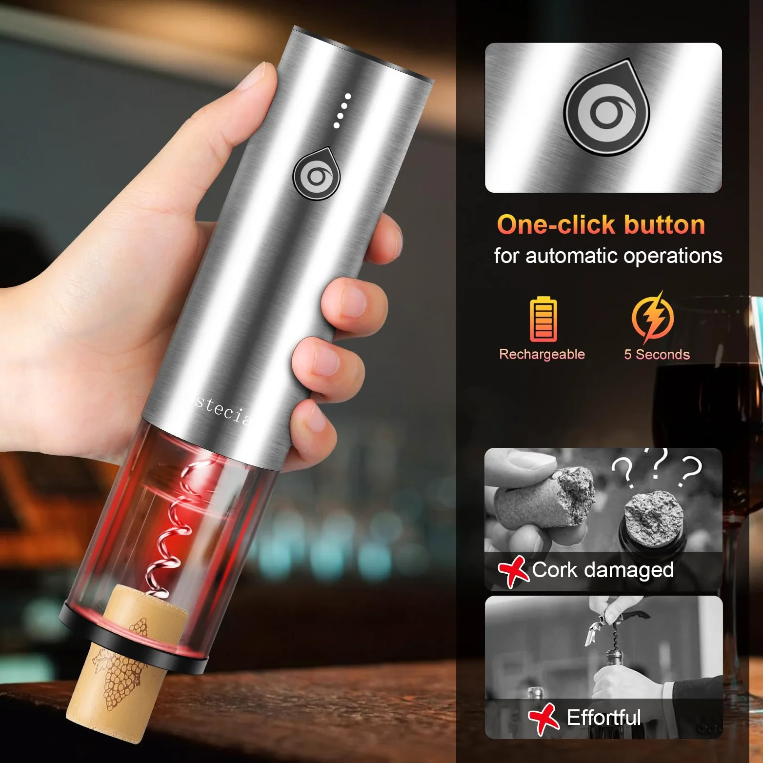 Tire Bouchon Electrique, 4 en 1 Coffret Cadeau avec Ouvre Bouteille Rechargeable, Aérateur de Vin Verseur Automatique, Coupe-Capsule et Bouchon à Vin sous Vide pour Idee Cadeau Homme