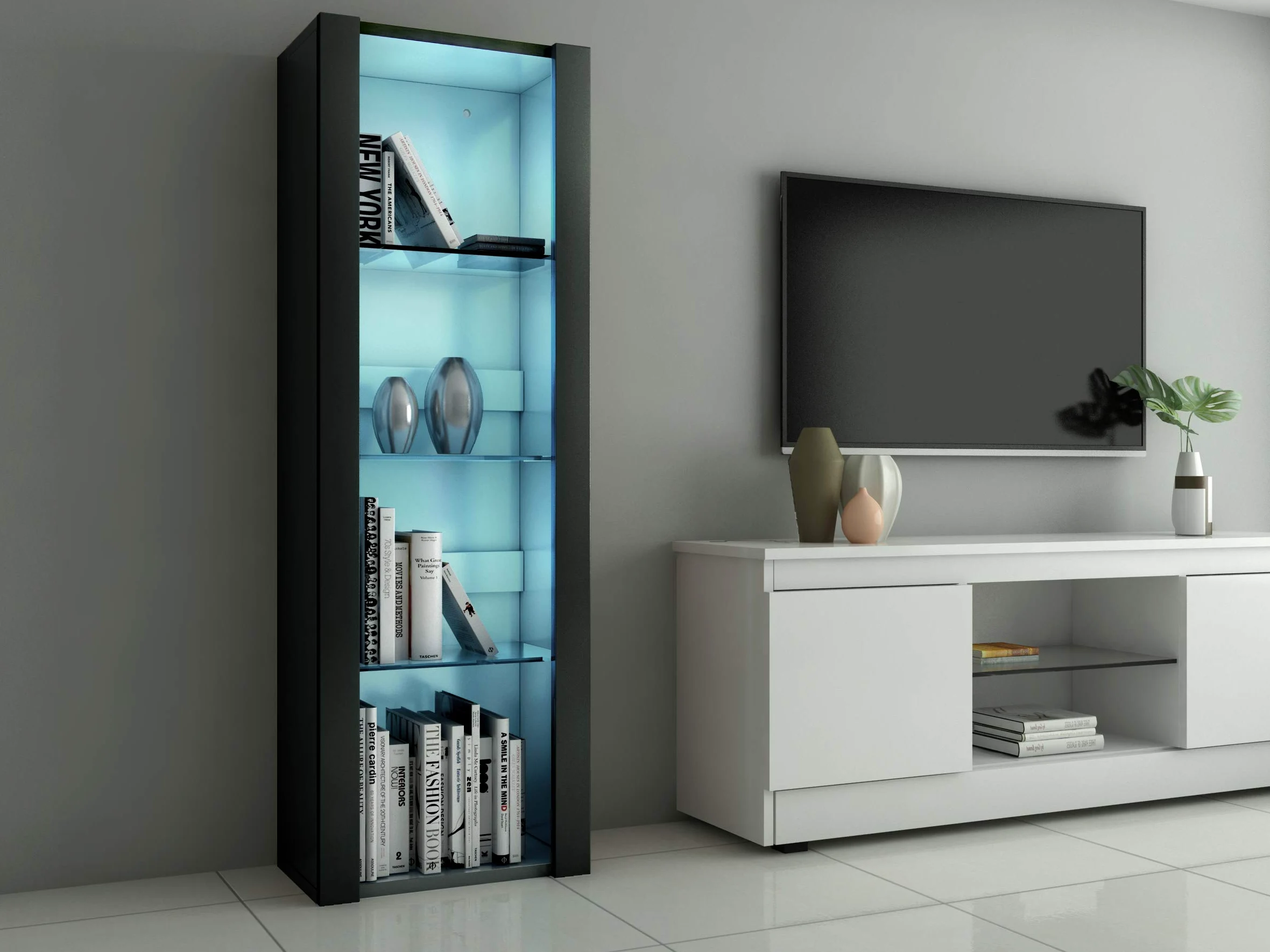 Panana Vitrine Lumières LED Meuble de Rangement avec Etagères sur Salon, Bureau, 55 x 35 x 166 cm (Noir)