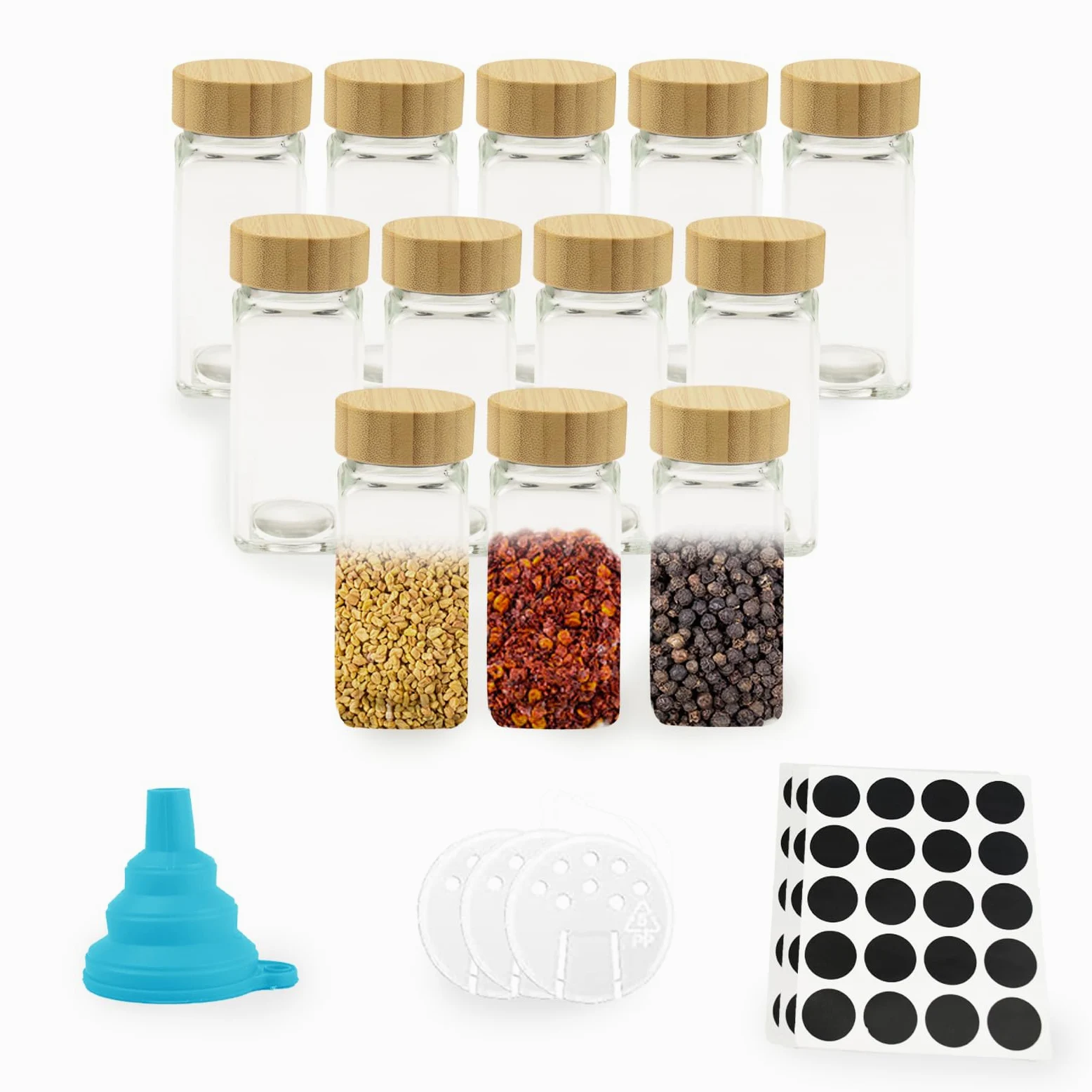Lot de 12 pots à épices carrés hermétiques avec couvercles en bambou, avec étiquettes à épices et entonnoir pliable pour le rangement de la cuisine