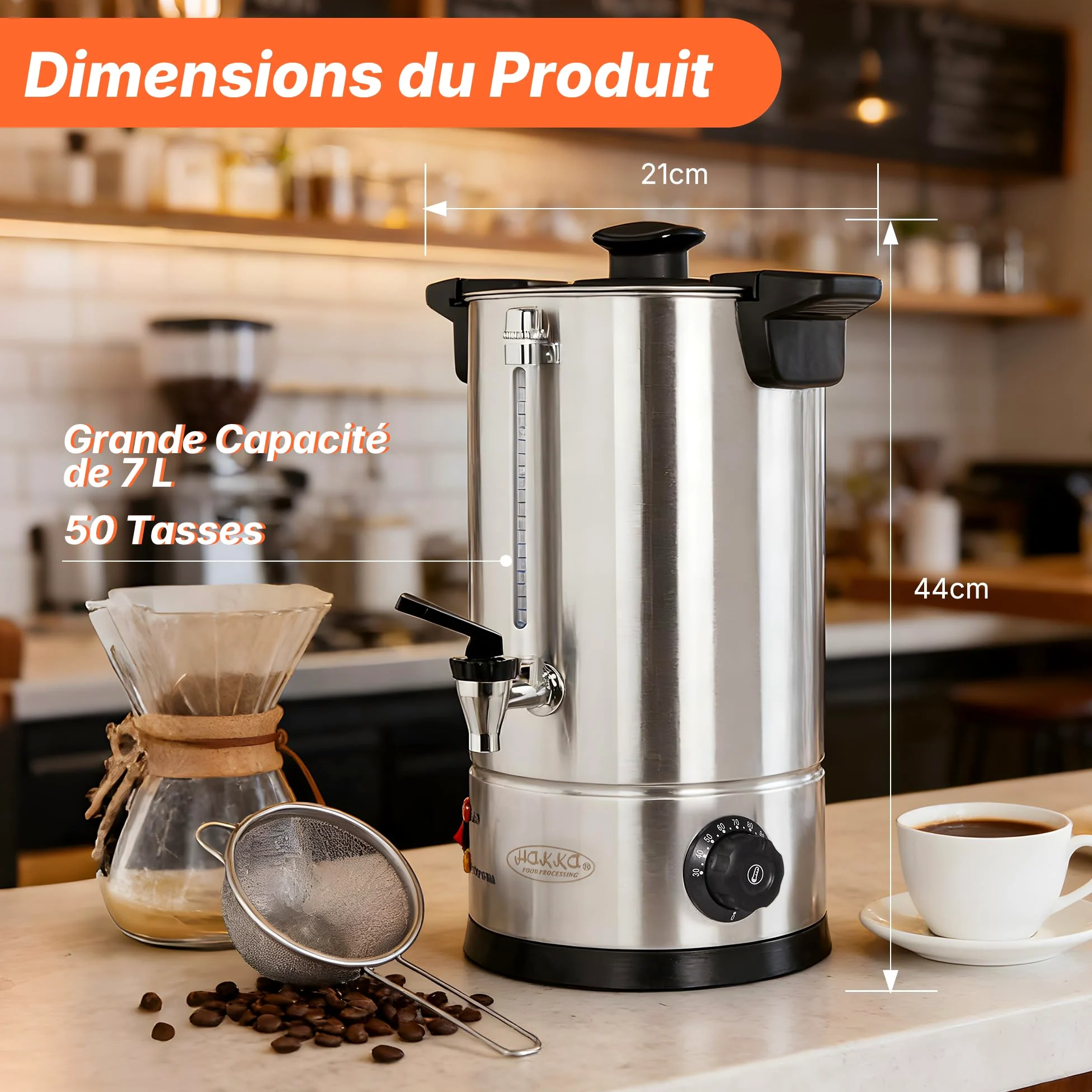Hakka Percolateur à Café 7L/50 Tasses, Professionnelle Percolateur en Acier Inoxydable, Grand Distributeur de Café, Commercial Percolateurs électrique avec Indicateur de Niveau D'eau (Max: 5,7L)