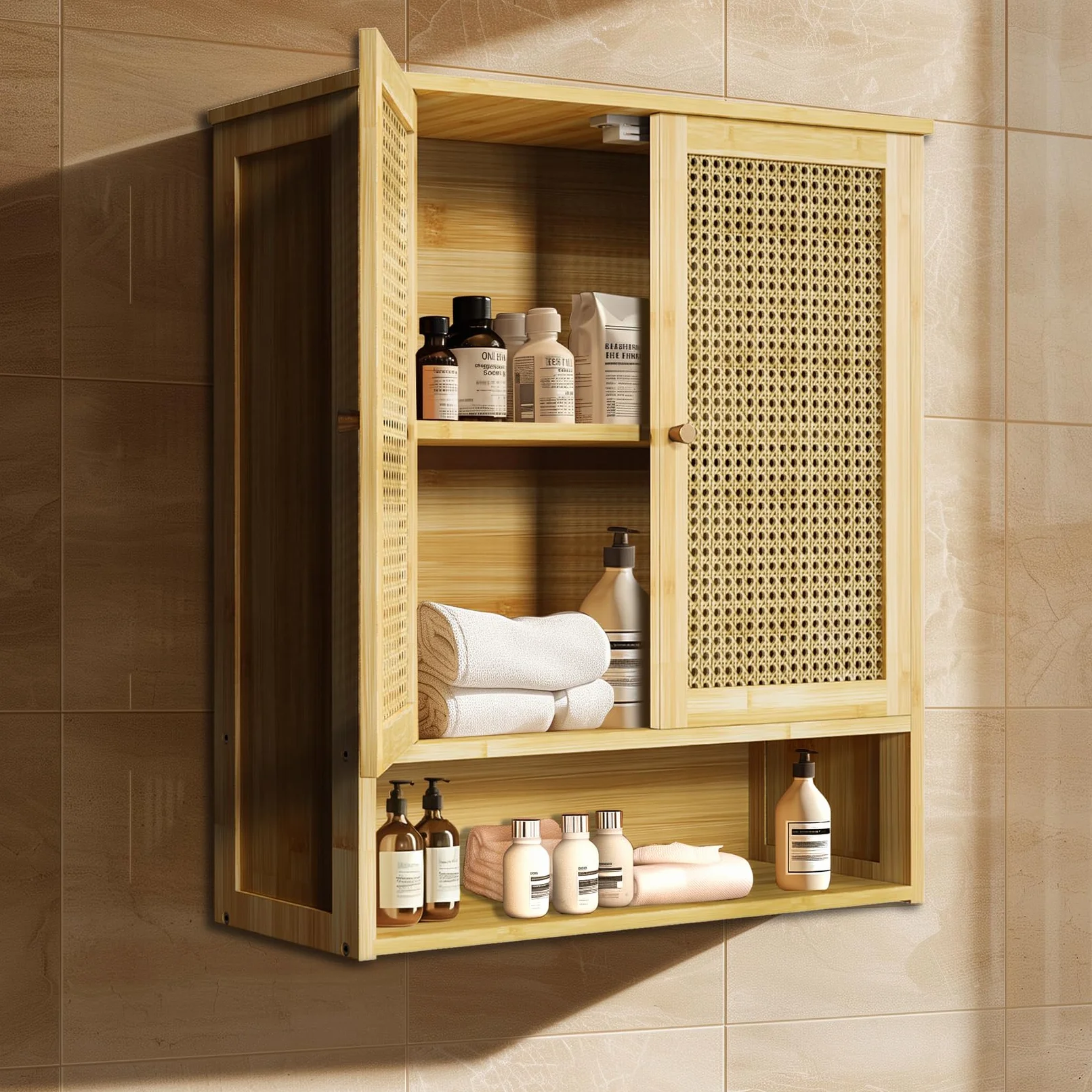 unho Meuble Salle de Bain en Bambou: Armoire WC Mural Rangement de Toilette Suspendu Placard Mural avec Étagère Hauteur Réglable - 59x20.5x66.5cm