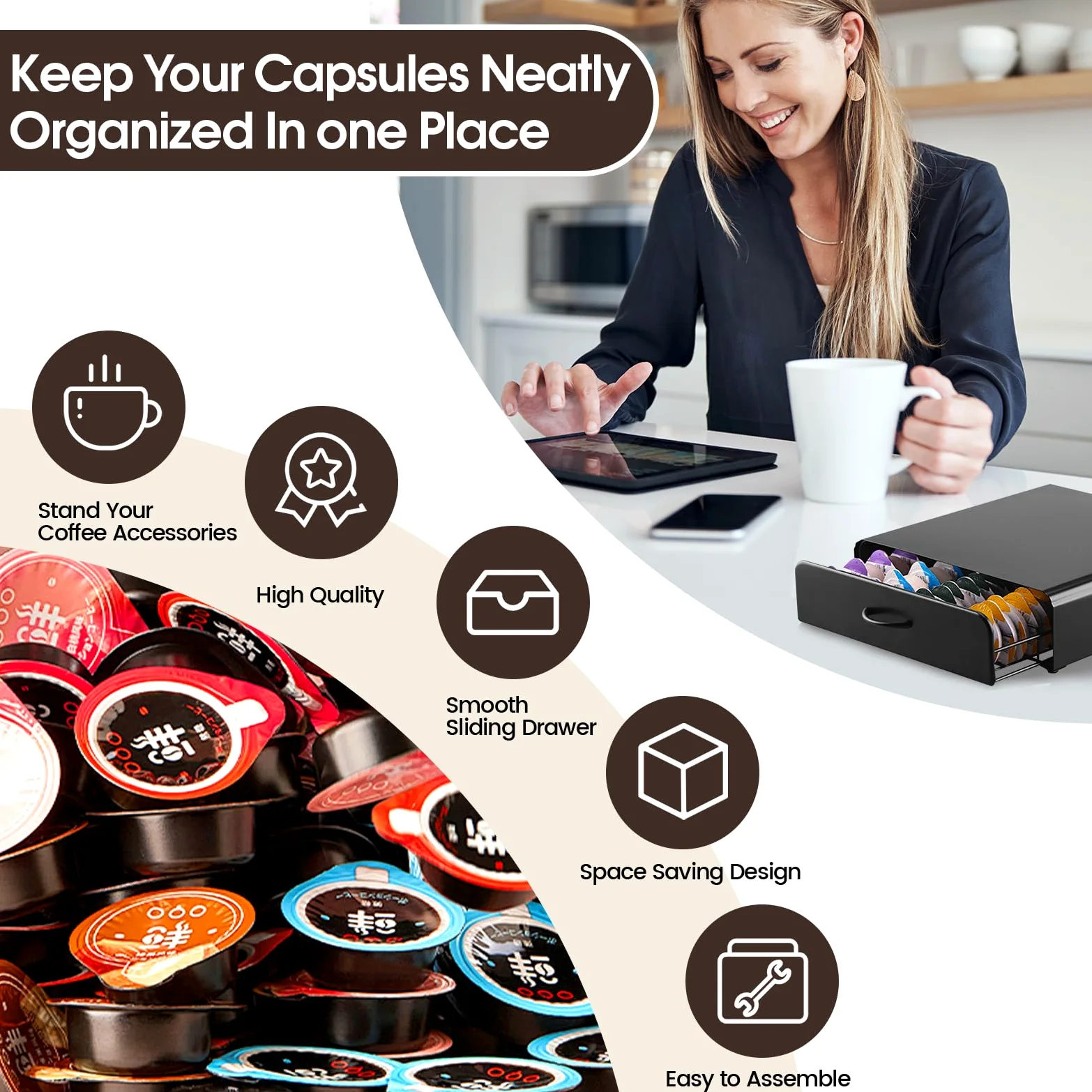 UCAMP Porte Capsules,Tiroirs de Rangement,Tiroir Capsule de Café,Tiroir Métal,64 Capsules Porte-Capsules pour Tassimo,Distributeur Capsules pour La Maison,Bureau,Envoyer 1 Chiffon de Nettoyage
