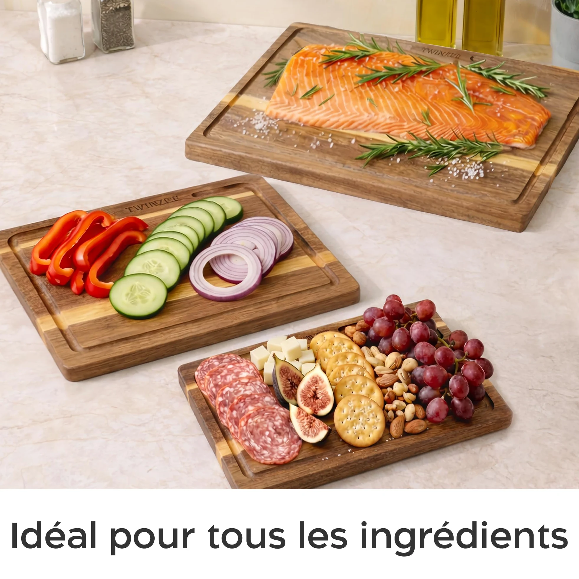 Twinzee 3 Planche a Decouper (40 x 30/33 x 24/26 x 18 cm) en Acacia Massif - Planche a Decouper Bois avec Support, 2cm d'Epaisseur, avec Rainure a Jus